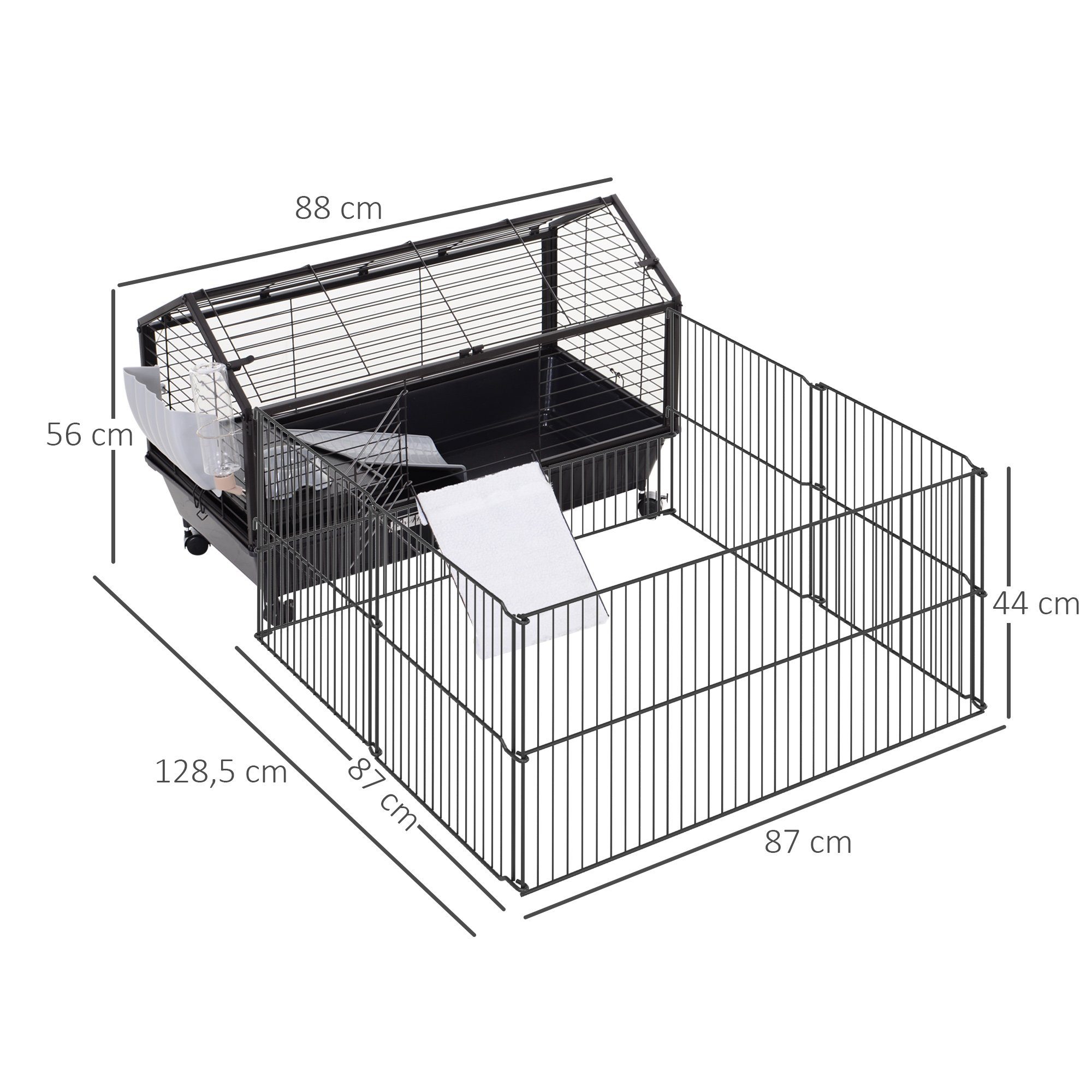 PawHut Kleintierkäfig mit Freigehege inkl. Zubehör 4 Rollen Kleintier mit Garten Metall, 88L x 128.5B x 56H cm