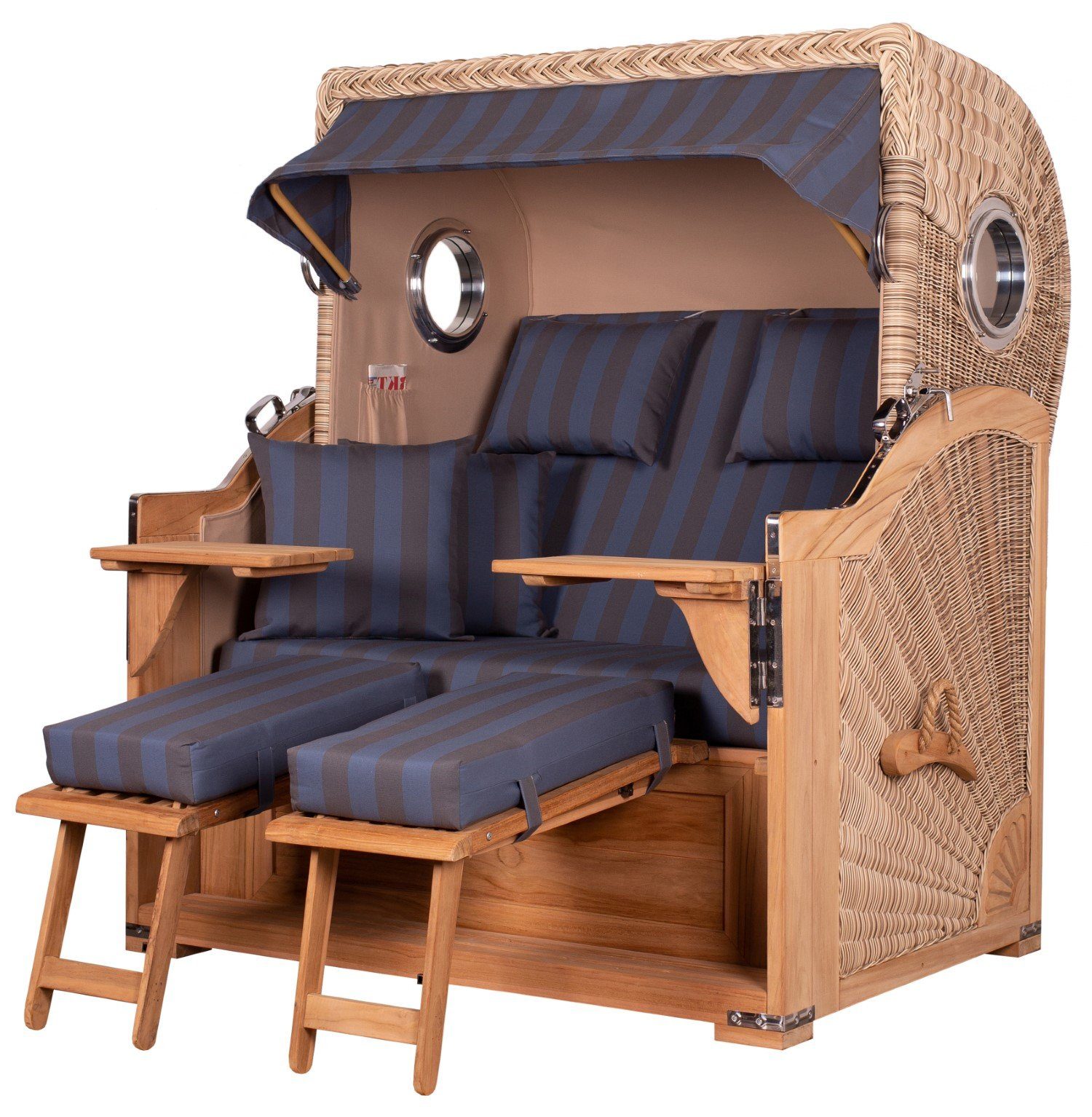 bene living Strandkorb Königssee 2,5-Sitzer Teak - PE shell - Modell 582, BxTxH: 142x95x170 cm, Volllieger ca. 175 Grad, Ostsee-Strandkorb Komplettset, inkl. Liftersystem und Bullaugen