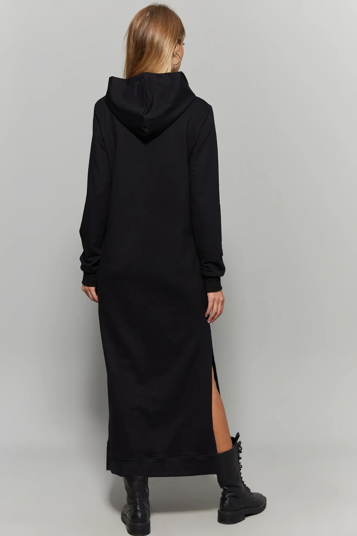 Cool & Sexy  Schwarzes Damen-Maxikleid mit Schlitz und Kapuze EY1111