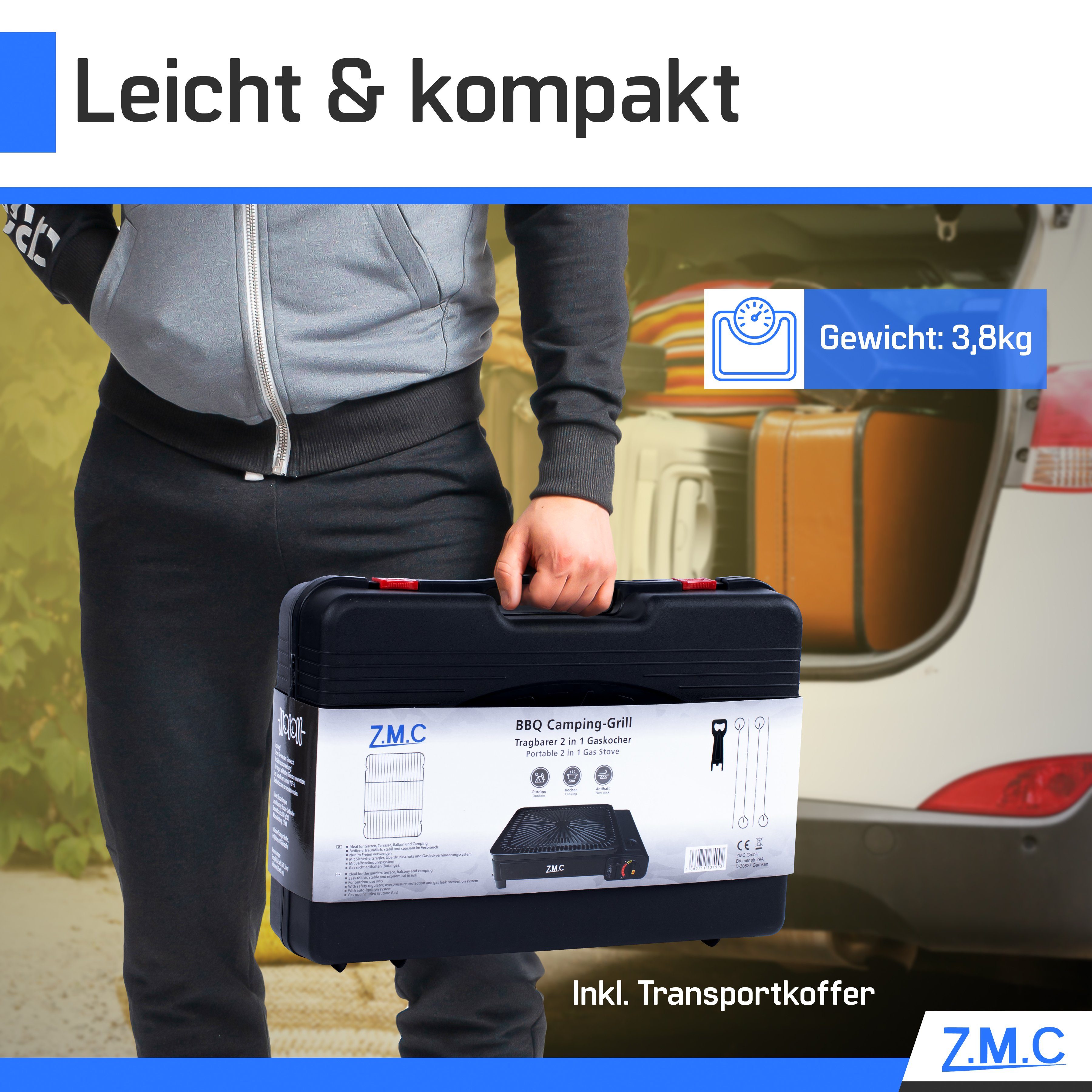 ZMC Gaskocher 2-in-1 Gaskocher inkl. Zubehör einflammiger Camping-Kocher, (mit Grillplatte + Grillrost, stufenlos regulierbar, Tischgrill), mit Tragekoffer, 3,8kg, Piezo-Zündung Wärmeleistung: 2,2KW