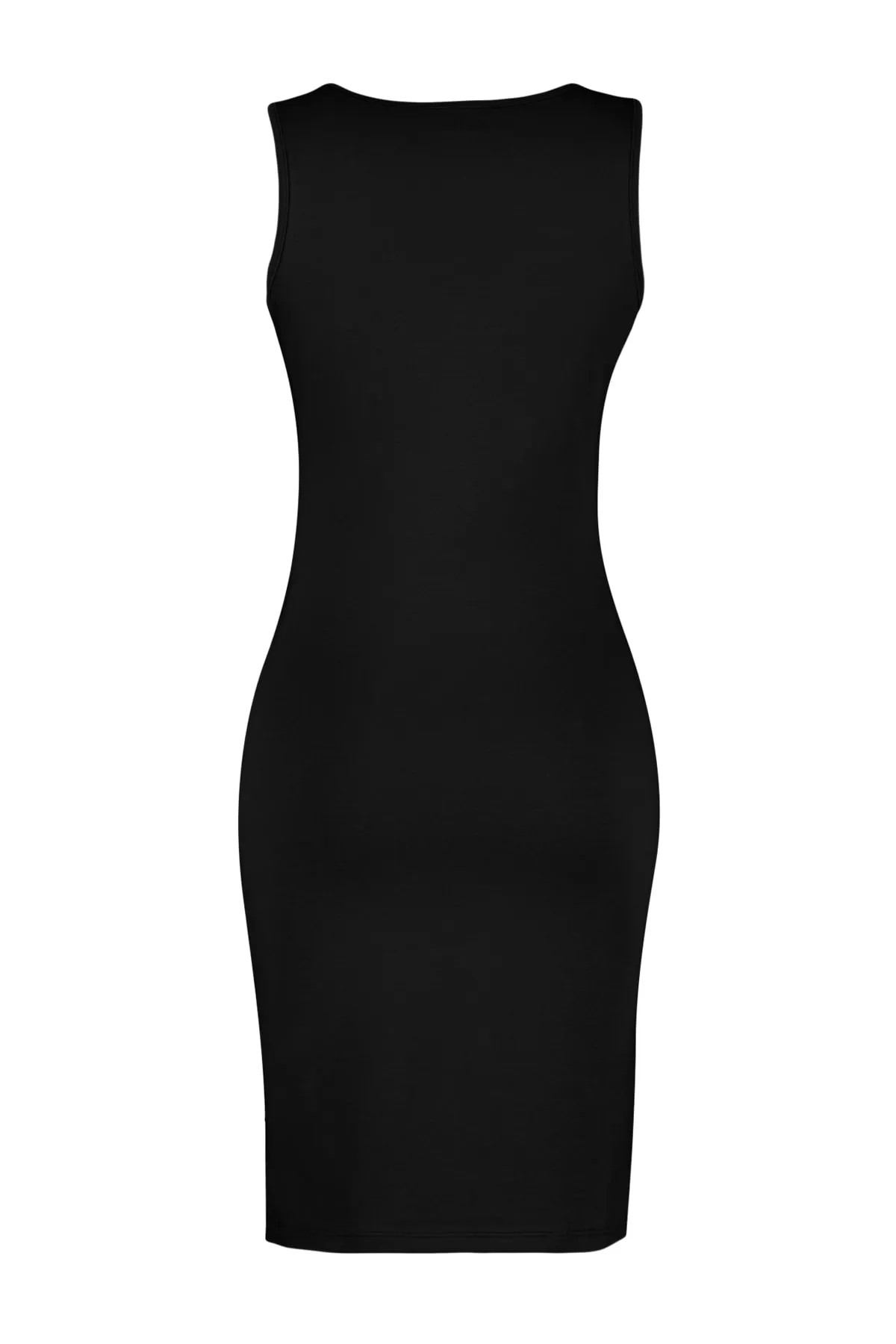Trendyol Collection  Schwarzes, detailliertes, eng anliegendes, flexibles Mini-Strickkleid aus Baumwolle mit Rundhalsausschnitt TWOSS23EL00799