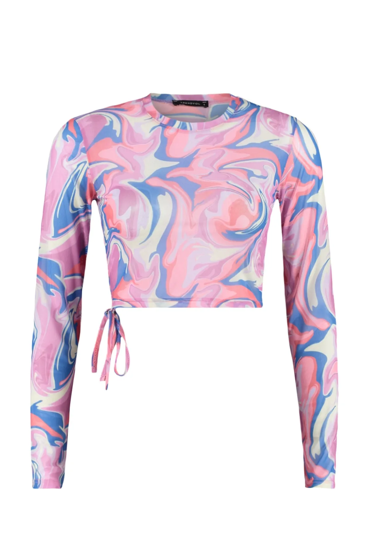 Trendyol Collection  Mehrfarbig bedruckte, geraffte, detaillierte Basic-Crop-Strickbluse mit Rundhalsausschnitt und flexiblem Tüll TWOSS23BZ00687