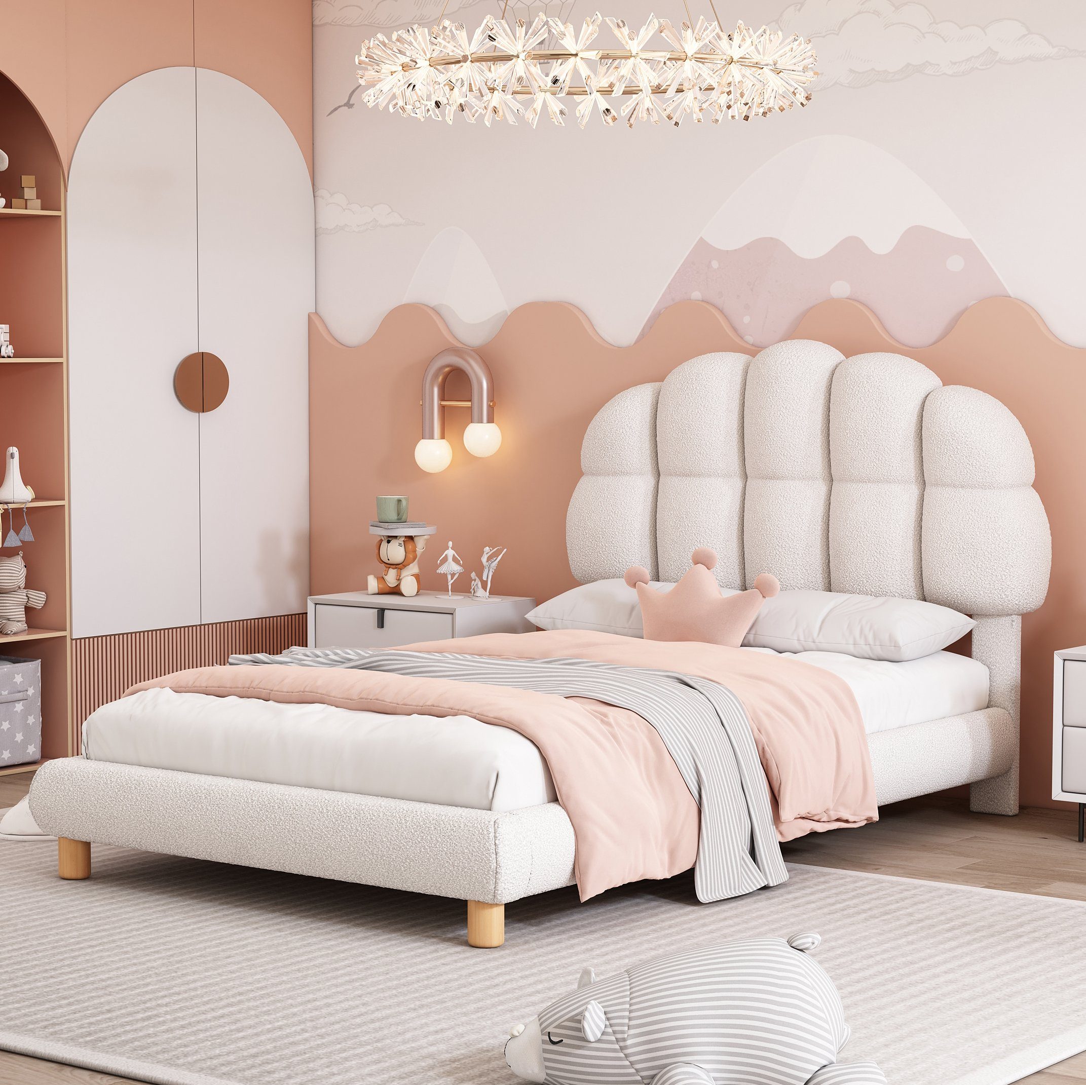Flieks Polsterbett, Einzelbett Kinderbett 90x200cm mit Halbkreisform Kopfteil Samtbezug