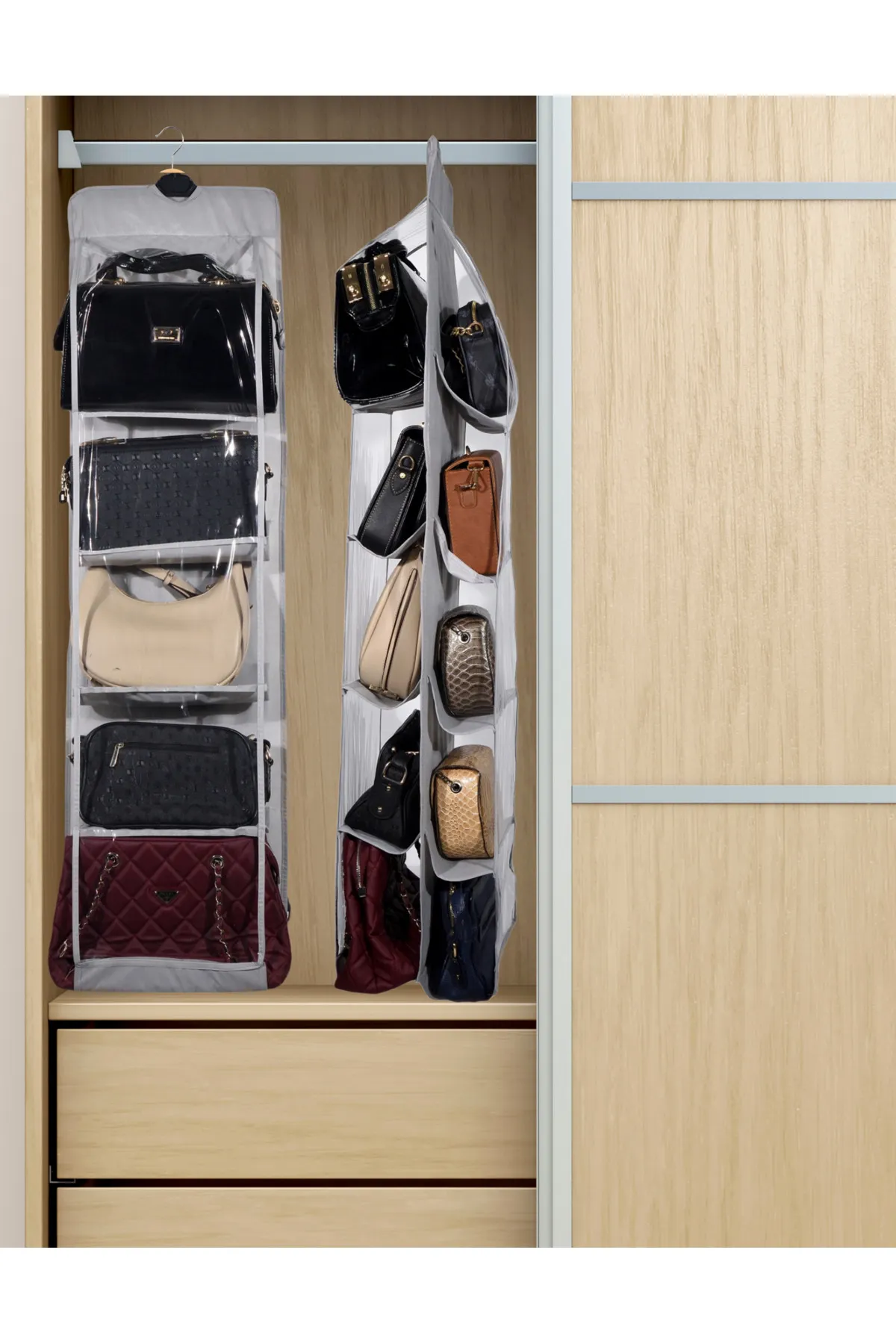 Seryat  Grauer Kleiderbügel aus Stahl mit 10 Fächern für den Schrank, Organizer für Taschen und Schuhe