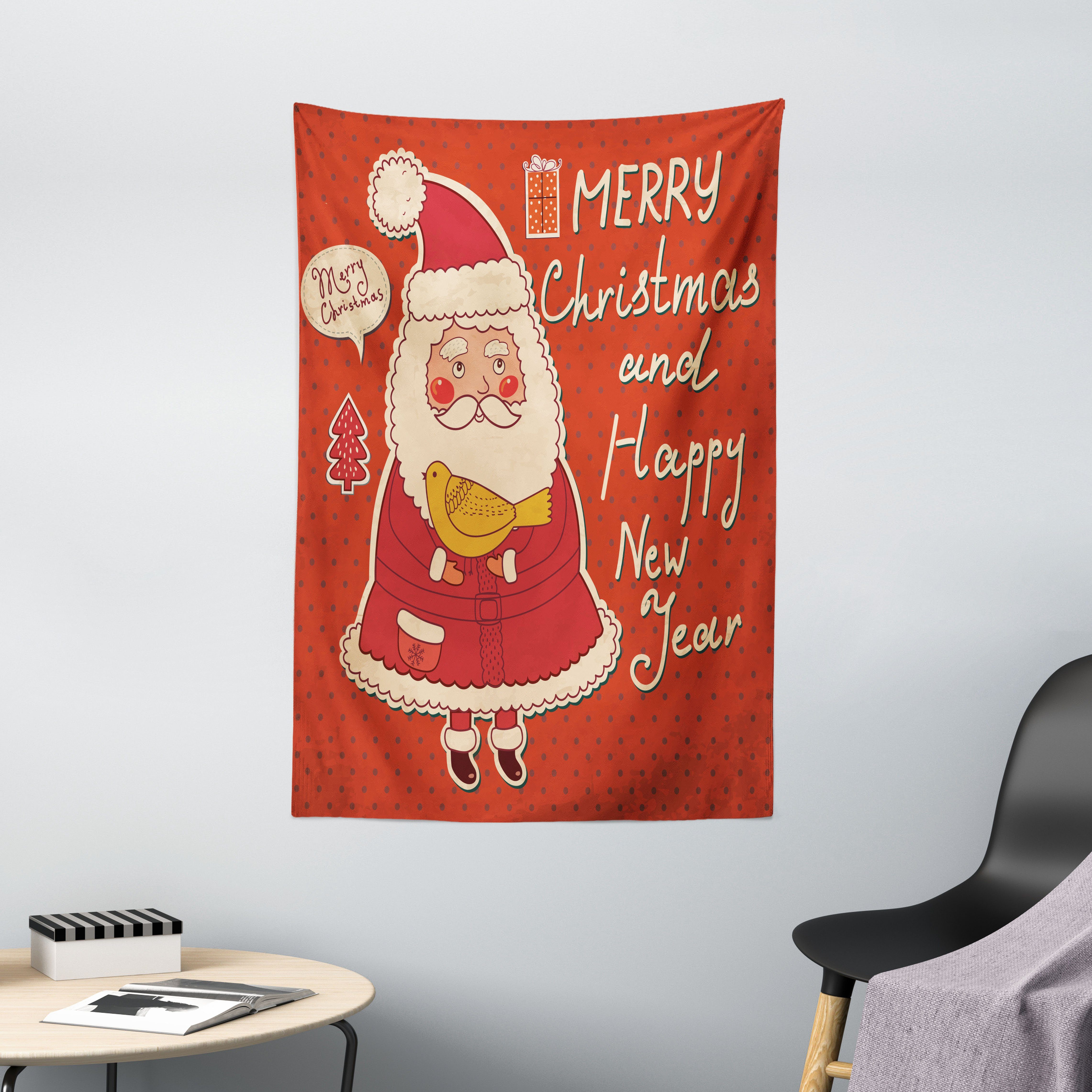 Wandteppich Wohnzimmer Schlafzimmer Wandtuch Seidiges Satin Wandteppich, Abakuhaus, rechteckig, Weihnachten Santa and Yellow Bird