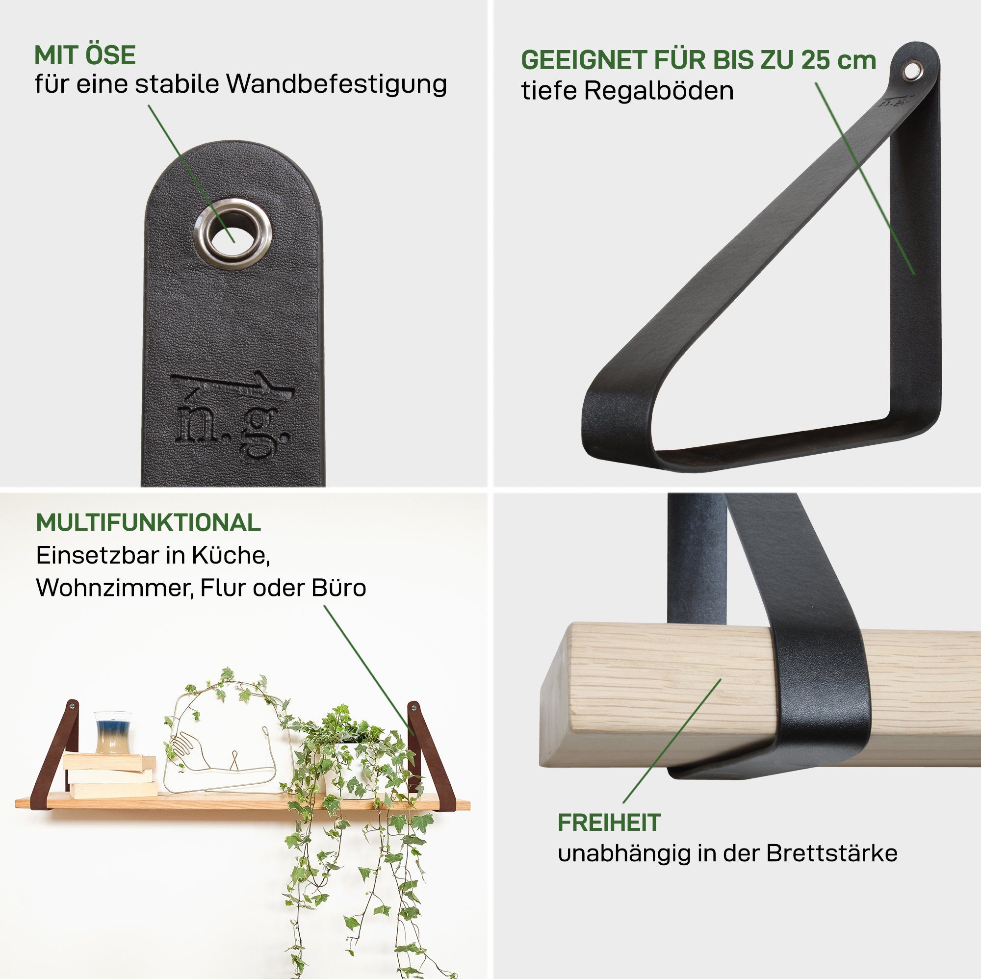Natural Goods Berlin Wandregalhalter Marzahn, 2-tlg., Regalträger Wandhalter Bücherkonsole Küchenablage veganes Kunstleder