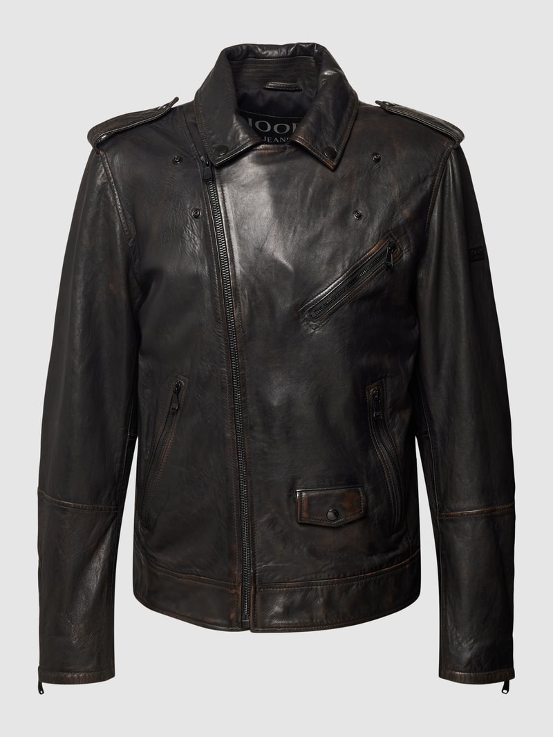 Lederjacke mit Label-Details Modell 'Alexis' in dunkelbraun