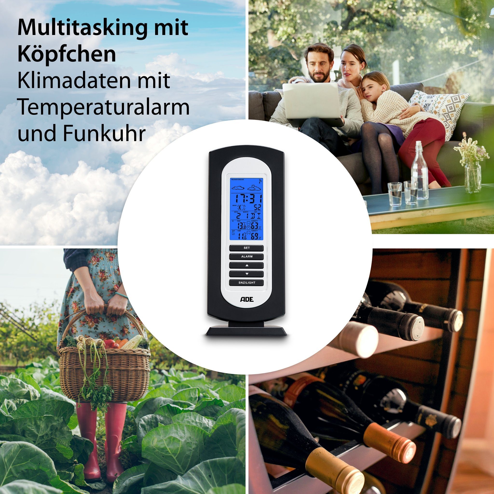 ADE Wetterstation Funk mit Außensensor, mit Vorhersage Funkwetterstation (mit Außensensor, Temperatur, Luftfeuchtigkeit, Uhrzeit, Wettervorhersage)