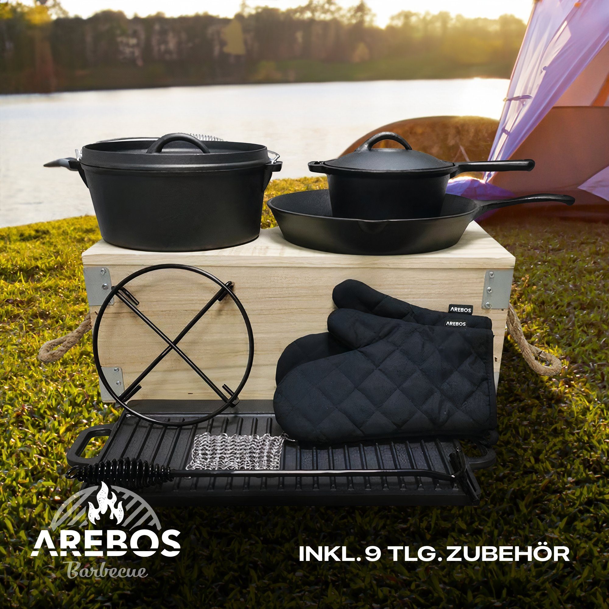 Arebos Topf-Set Dutch Over BBQ Set aus Gusseisen Feuertopf Schmortopf, (Set)
