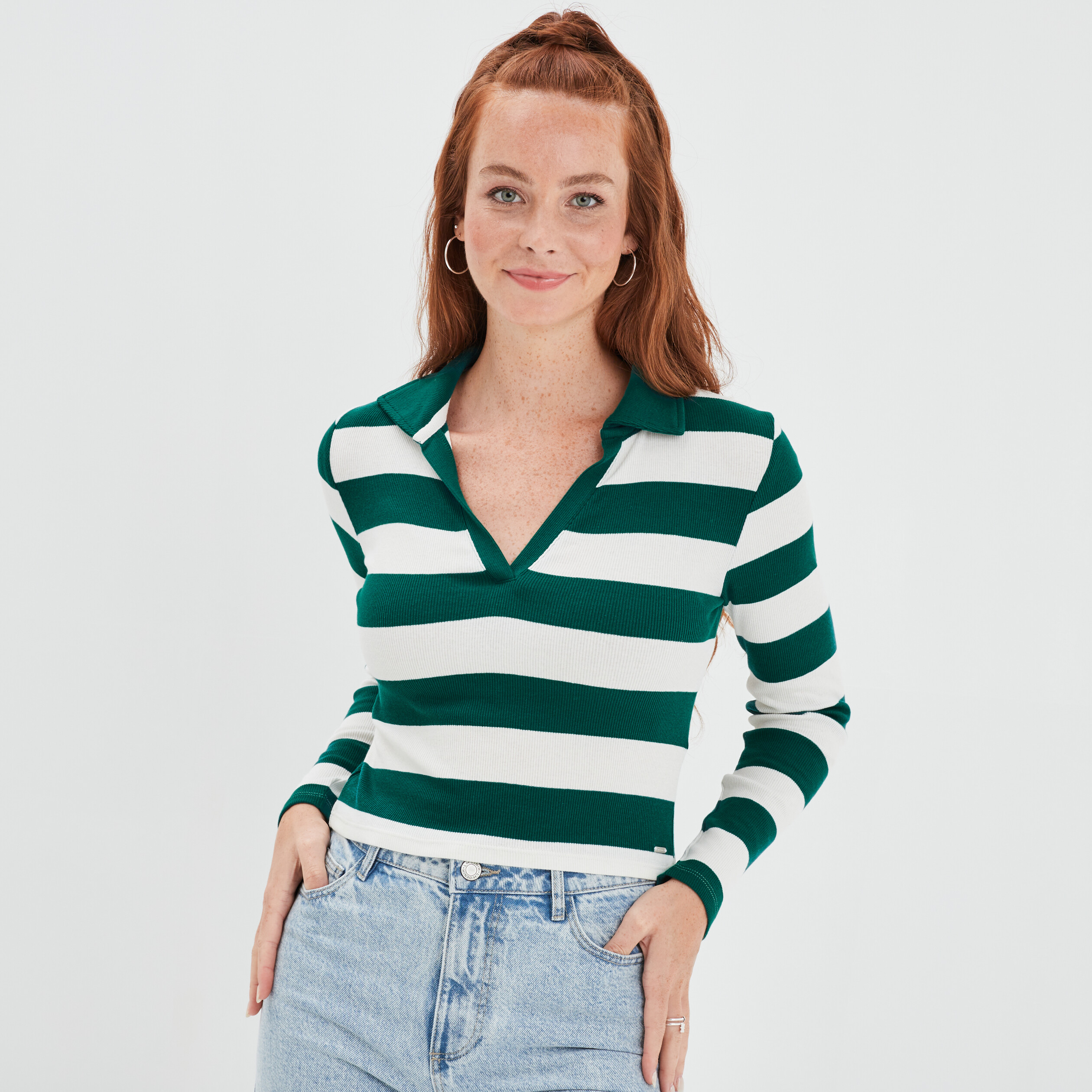 T-shirt court col polo côtelé Creeks vert foncé femme | La Halle