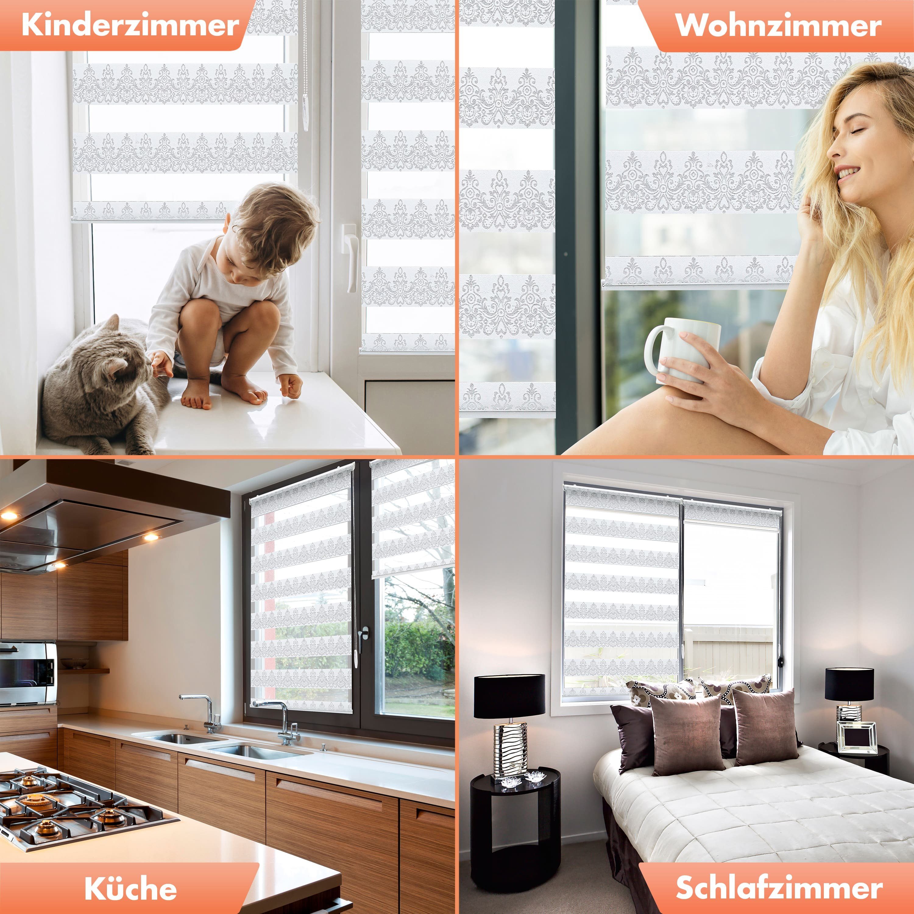 Doppelrollo mit Muster, Duo Rollo Klemmfix, Seitenzugrollo, Bailena, Lichtschutz, ohne Bohren, freihängend, Klemmfix, Barock Ornamente, gemustert, glitzernd