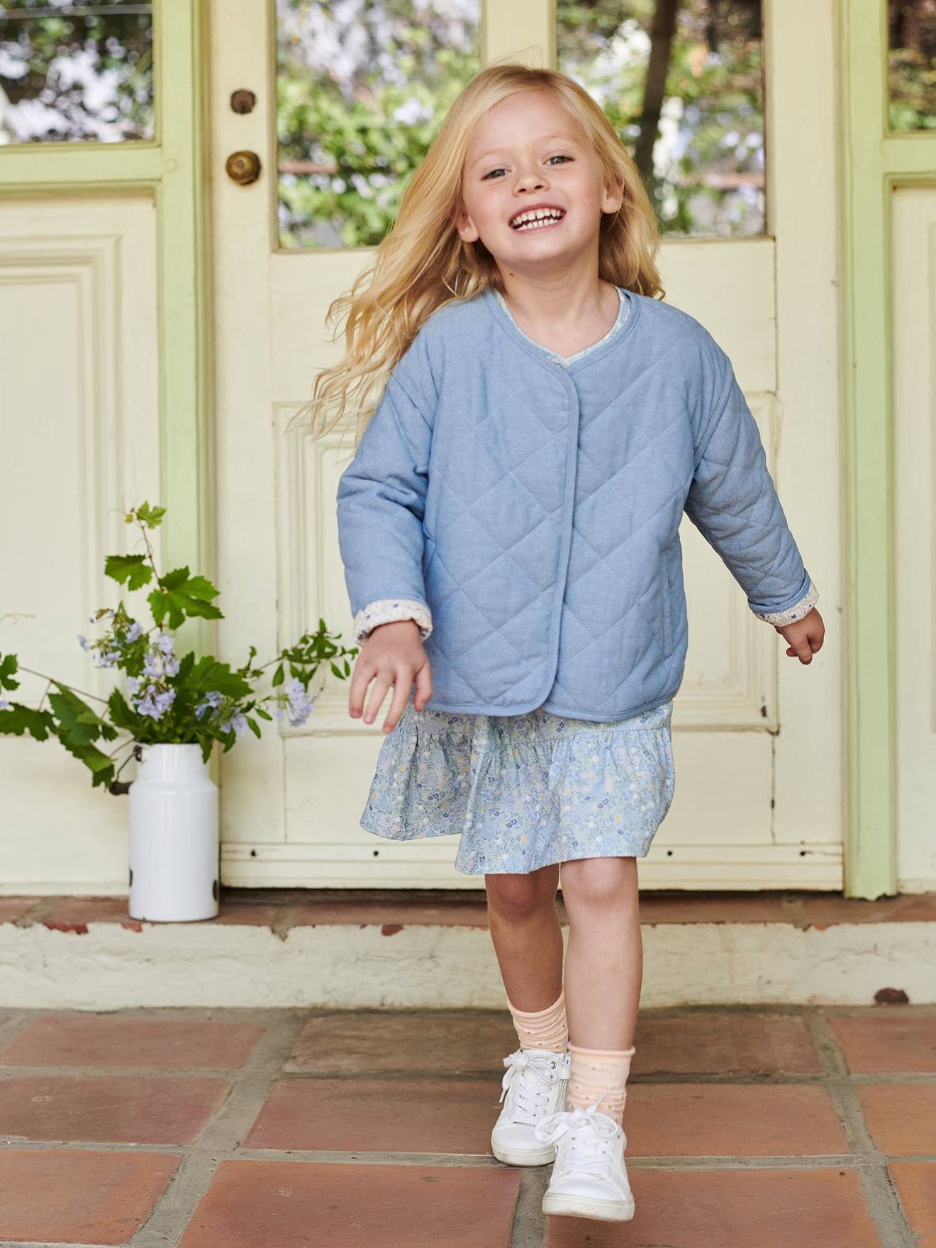 Veste matelassée en chambray fille doublure fleurie double stone