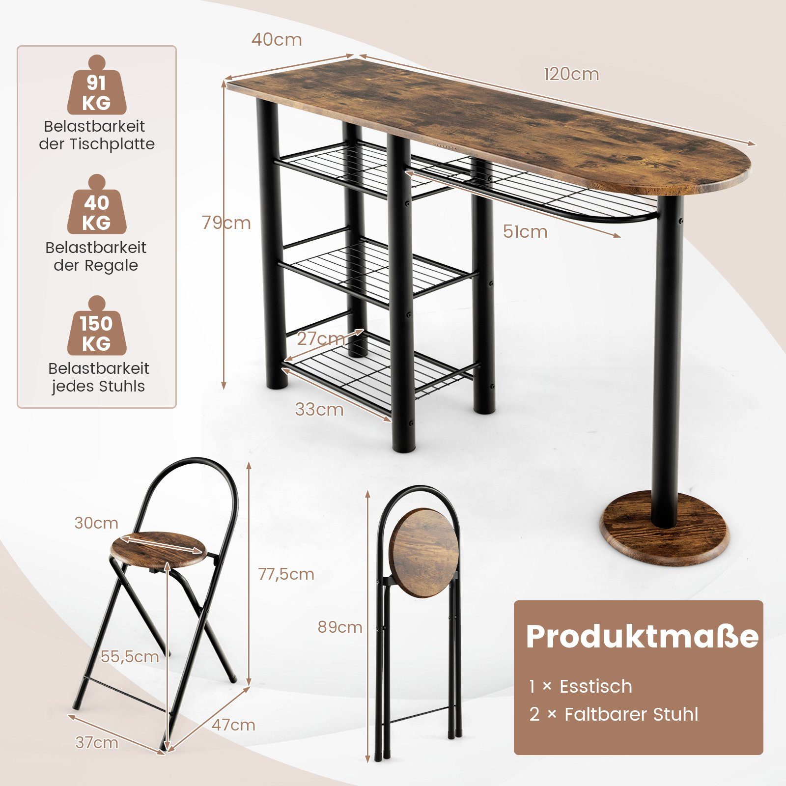 COSTWAY Bartisch (3-St), mit 2 Barhocker und 4-stufigem Regal, für 2 Personen