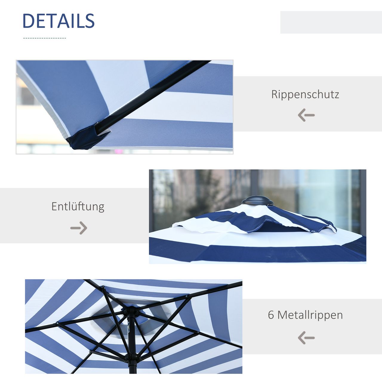 Outsunny Sonnenschirm Terrassenschirm Gestell Stahl im Freien Blauer Streifen