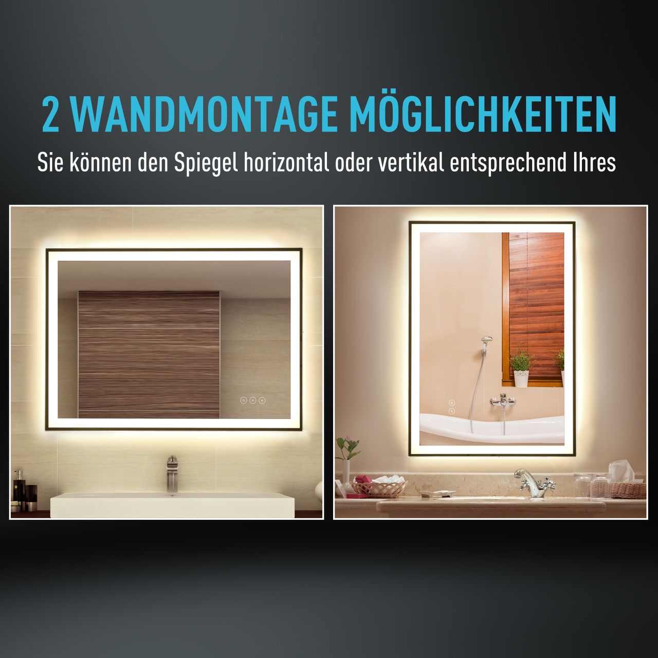 kleankin Badezimmerspiegel LED-Spiegel Nebelfreier Wandspiegel Touch-Schalter 3 Farben Alu 70 x 50 x 3 cm