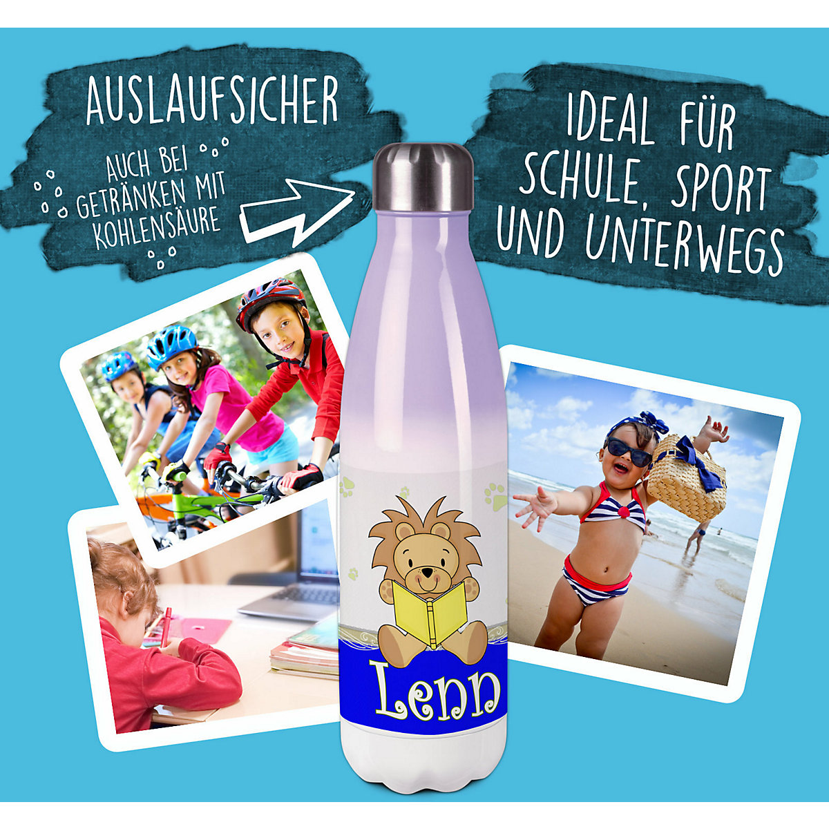 Edelstahl Kinder Thermoflasche / Trinkflasche bunt Leselöwe Farbe blau Spülmaschinenfest, Auslaufsicher, Bruchfest, Doppelwandig, Für Heißgetränke geeignet, Mit Deckel, Isoliert