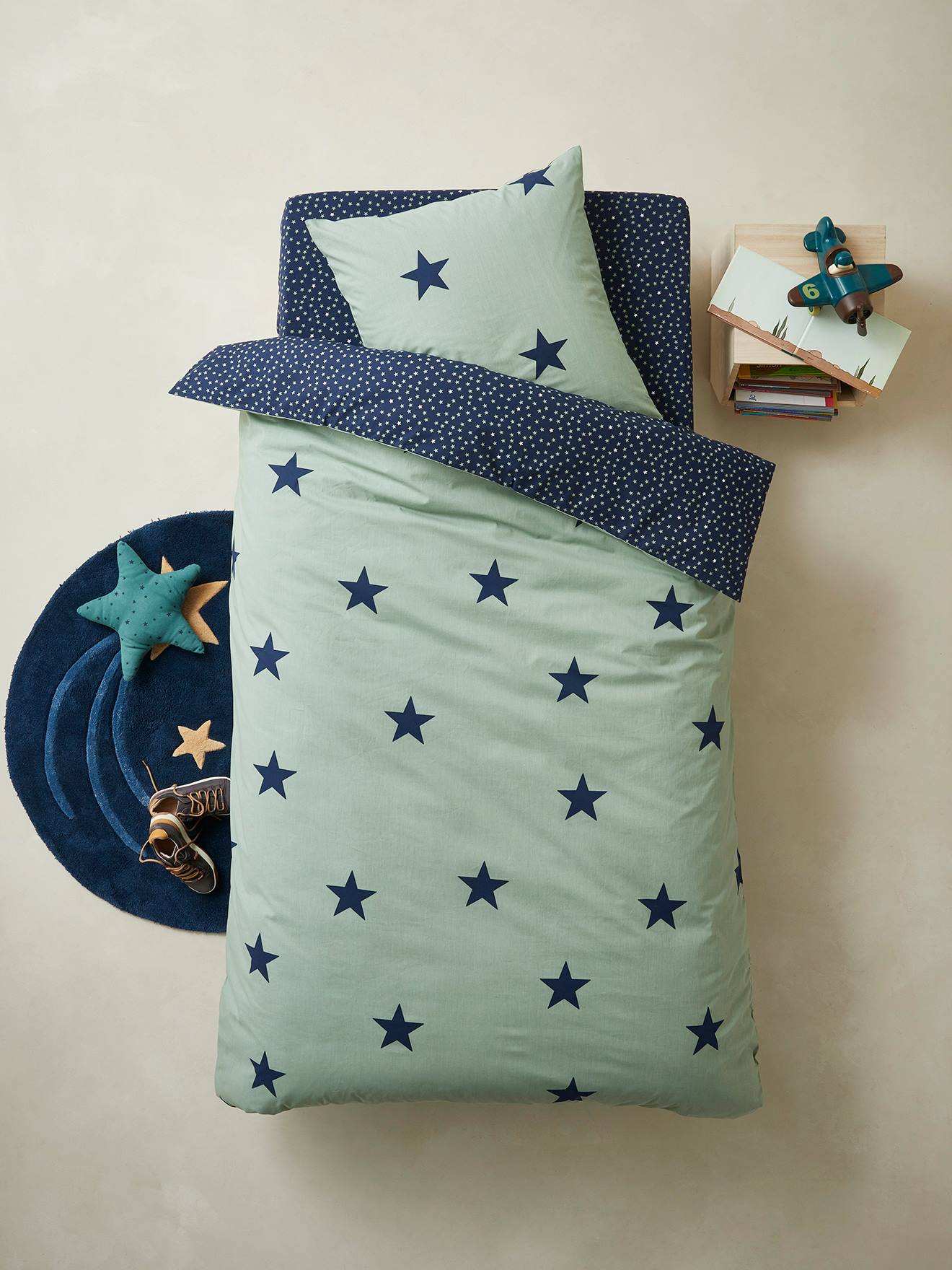 Parure housse de couette + taie d'oreiller enfant DREAM BIG basics kaki / étoiles marine