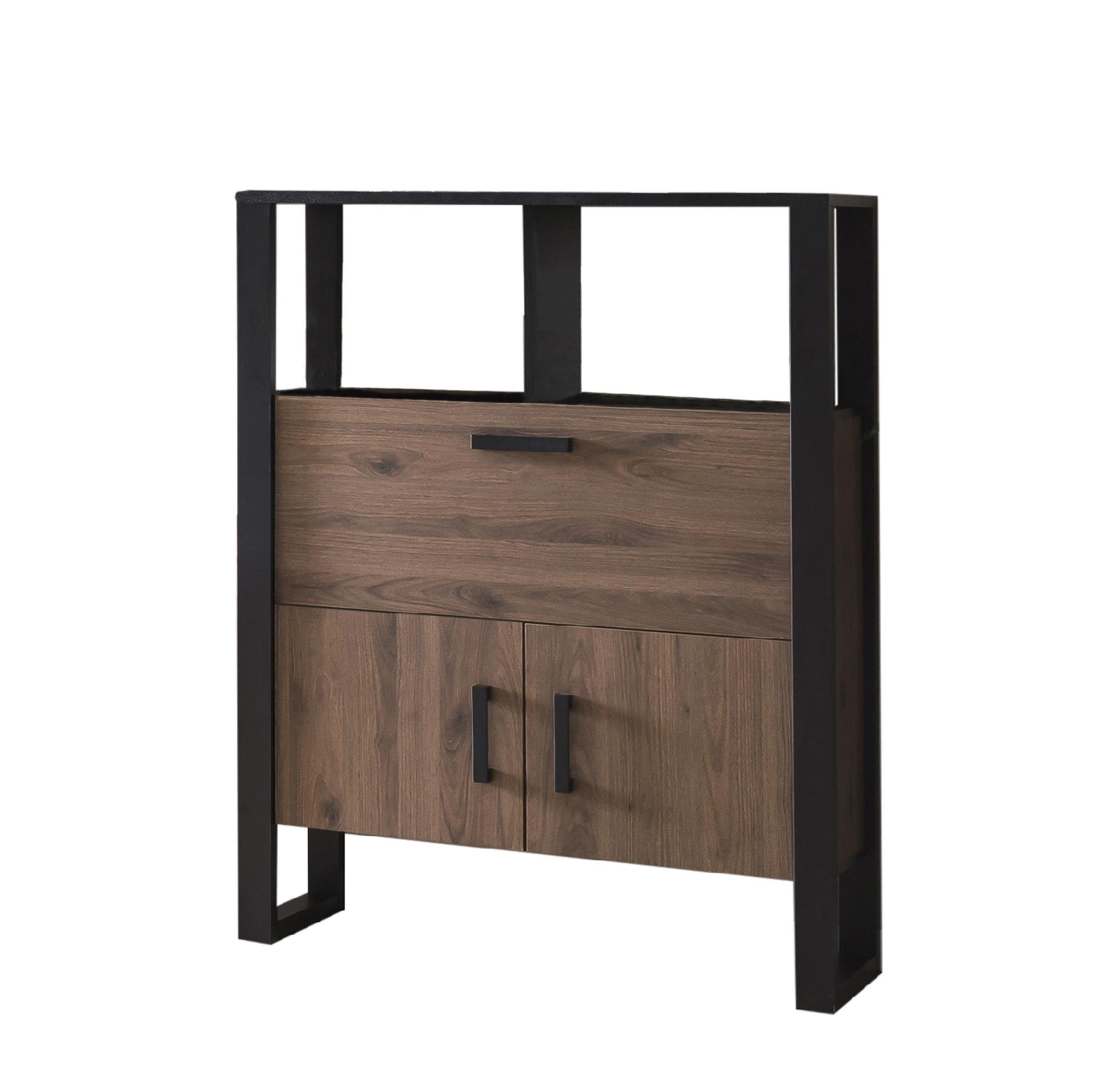 möbelando Barschrank Nordi Moderner Barschrank aus melaminharzbeschichteter Spanplatte, Front in Okapi-Nuss, Korpus in Schwarz/Okapi-Nuss, mit 3 Türen, 2 Einlegeböden und 2 offenen Fächern, Breite 100,3 cm, Höhe 133,4 cm, Tiefe 38,9 cm