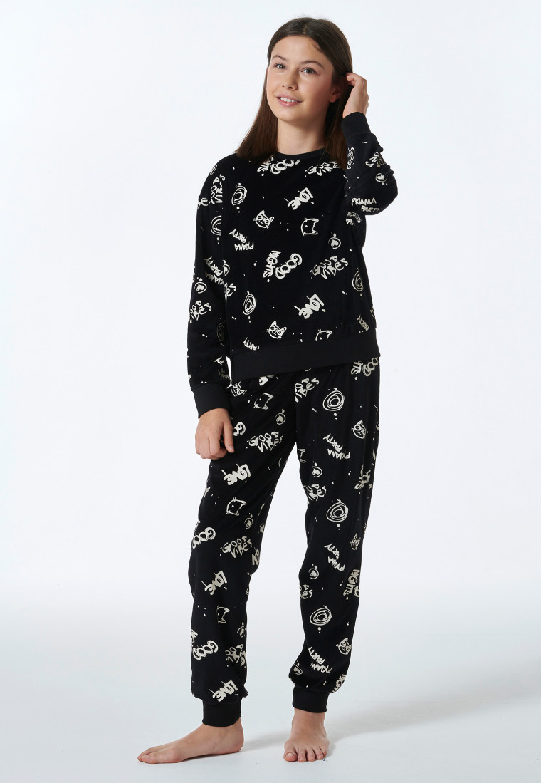 Schlafanzug lang Velour Graffiti schwarz - Nightwear