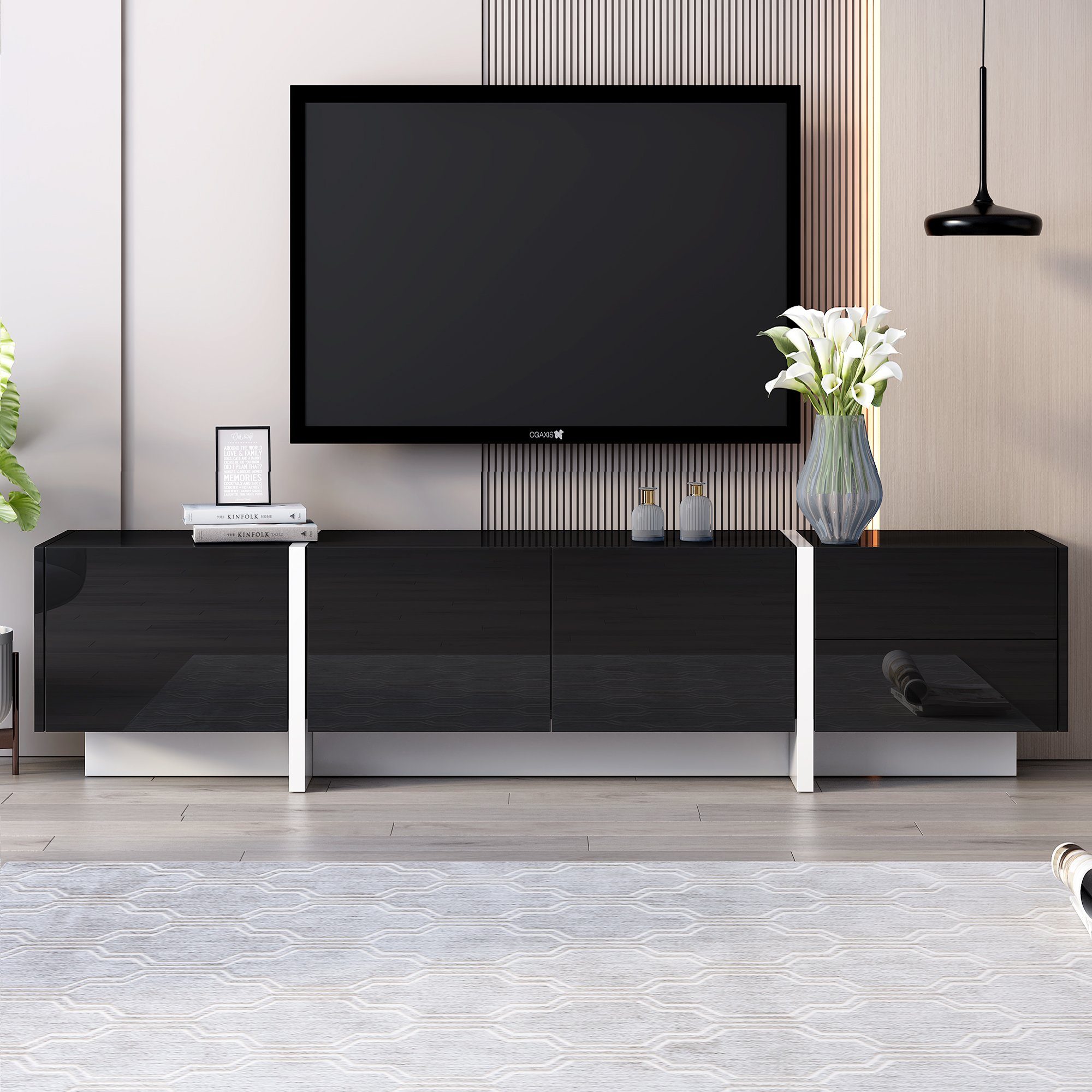 REDOM Lowboard TV-Schrank (mit farbblockierten Beinen in Hochglanz-Schwarz und Weiß), Breite:190cm