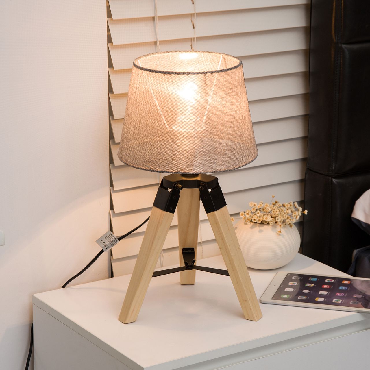 HOMCOM Tischleuchte Tischlampe Nachttischlampe E27 Leinenoptik, Kiefer Polyester, 24x24x45cm