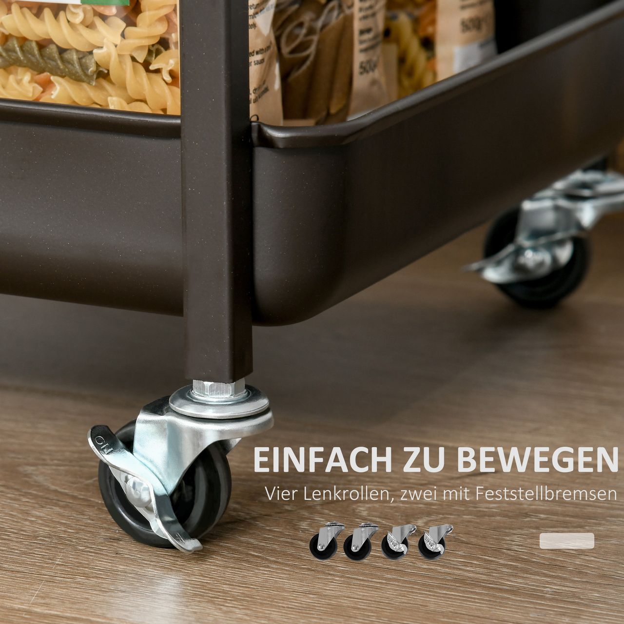 HOMCOM Küchenwagen Küchenrollwagen Servierwagen mit 1 klappbaren Tischplatte 2 Tabletts und 1 offenes Regal Rollen Verstellbare Fußpolster E1-Spanplatte Metall Rustikal-Braun 118 x 36,5 x 82 cm