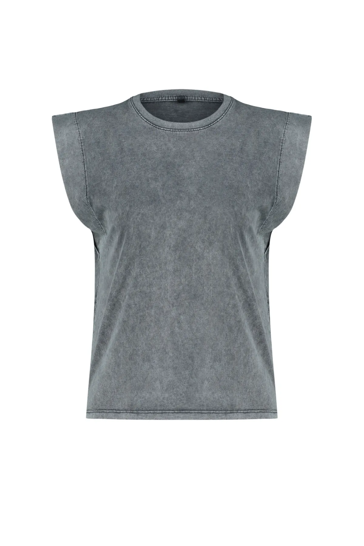Trendyol Collection  Anthrazit*001 Basic-Strick-T-Shirt aus 100 % Baumwollwatte mit verblasstem Effekt und Rundhalsausschnitt TWOSS20TS0021