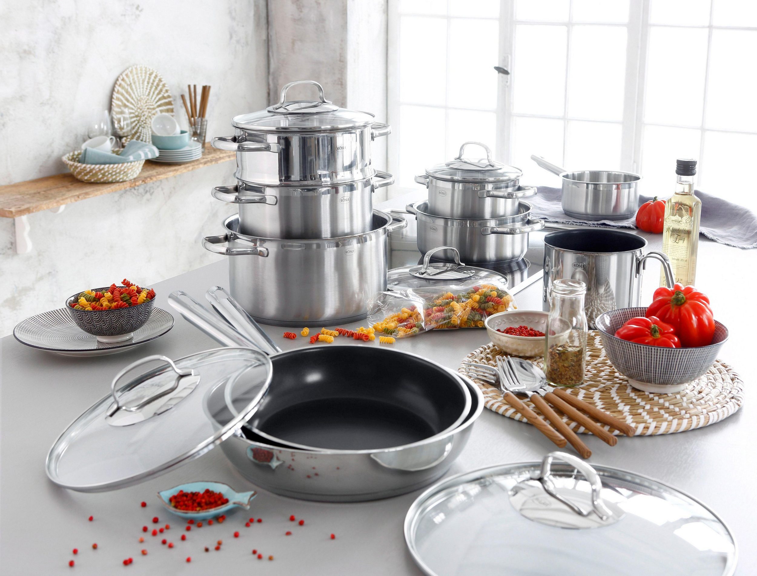 RÖSLE Topf-Set ELEGANCE, Edelstahl 18/10 (Set, 14-tlg), mit Glasdeckel und Innenskalierung, spülmaschinen-/ induktionsgeeignet