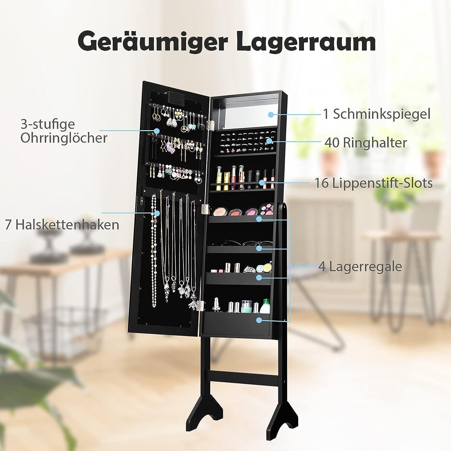 KOMFOTTEU Schmuckschrank mit 2 Spiegel stehend, mit LED, schwarz