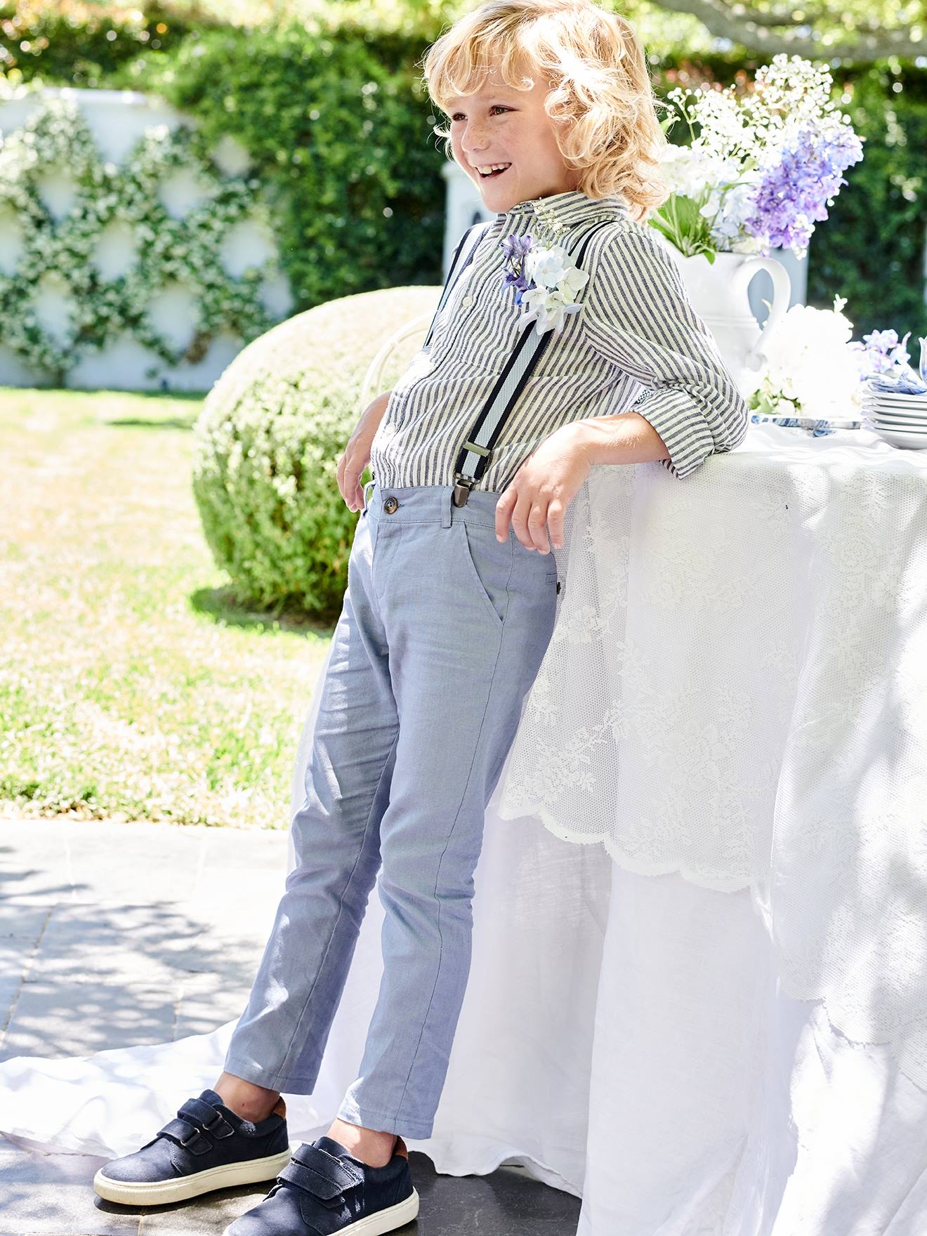 Pantalon chino garçon en coton/lin marine foncé
