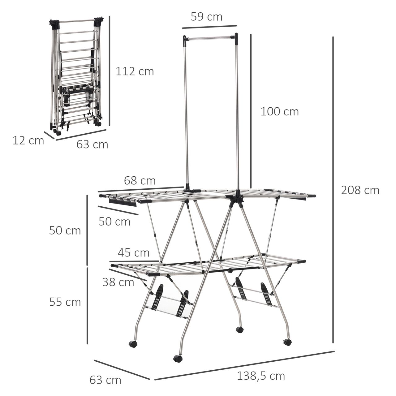 HOMCOM Kleiderständer Wäschetrockner Wäscheständer Standtrockner zusammenklappbar großer Trockenraum Edelstahl 138,5x63x208cm