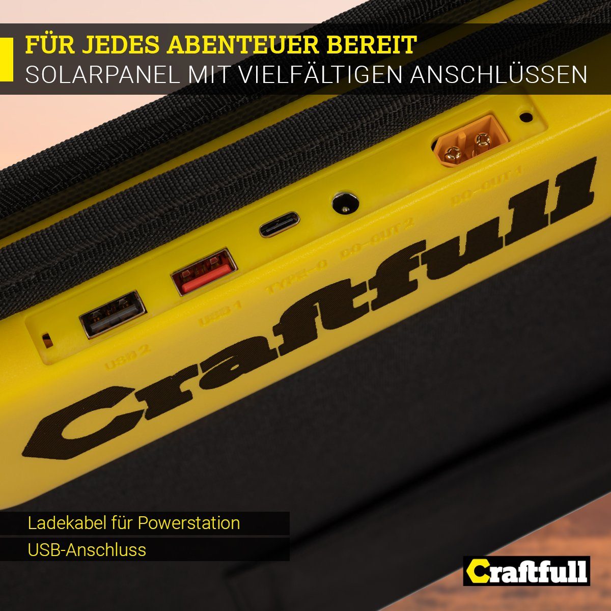 Craftfull Solarmodul Solarpanel faltbar Adventure 60 100 200 300 Watt Solarpanel, 60,00 W, Mono-Schindelzellen, (2x USB-A 1x USB-C Anschluss, ≥ 22% höherer Wirkungsgrad, Integrierte Tasche für Zubehör, Ladekabel für Craftfull Powerstation, 1-St., Tra