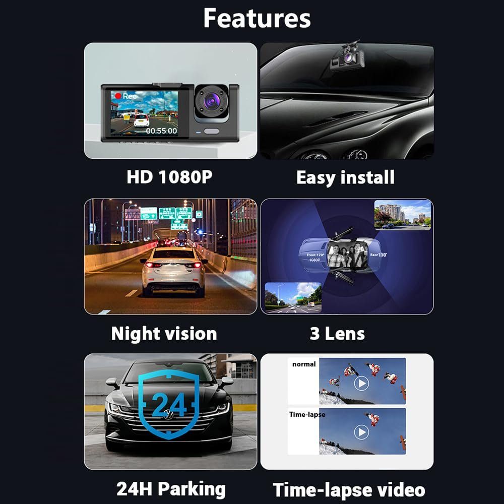 Welikera 3-Kamera 1080P Fahrrekorder Auto mit 170° Weitwinkelobjektiv Dashcam (Nachtsichtfunktion)