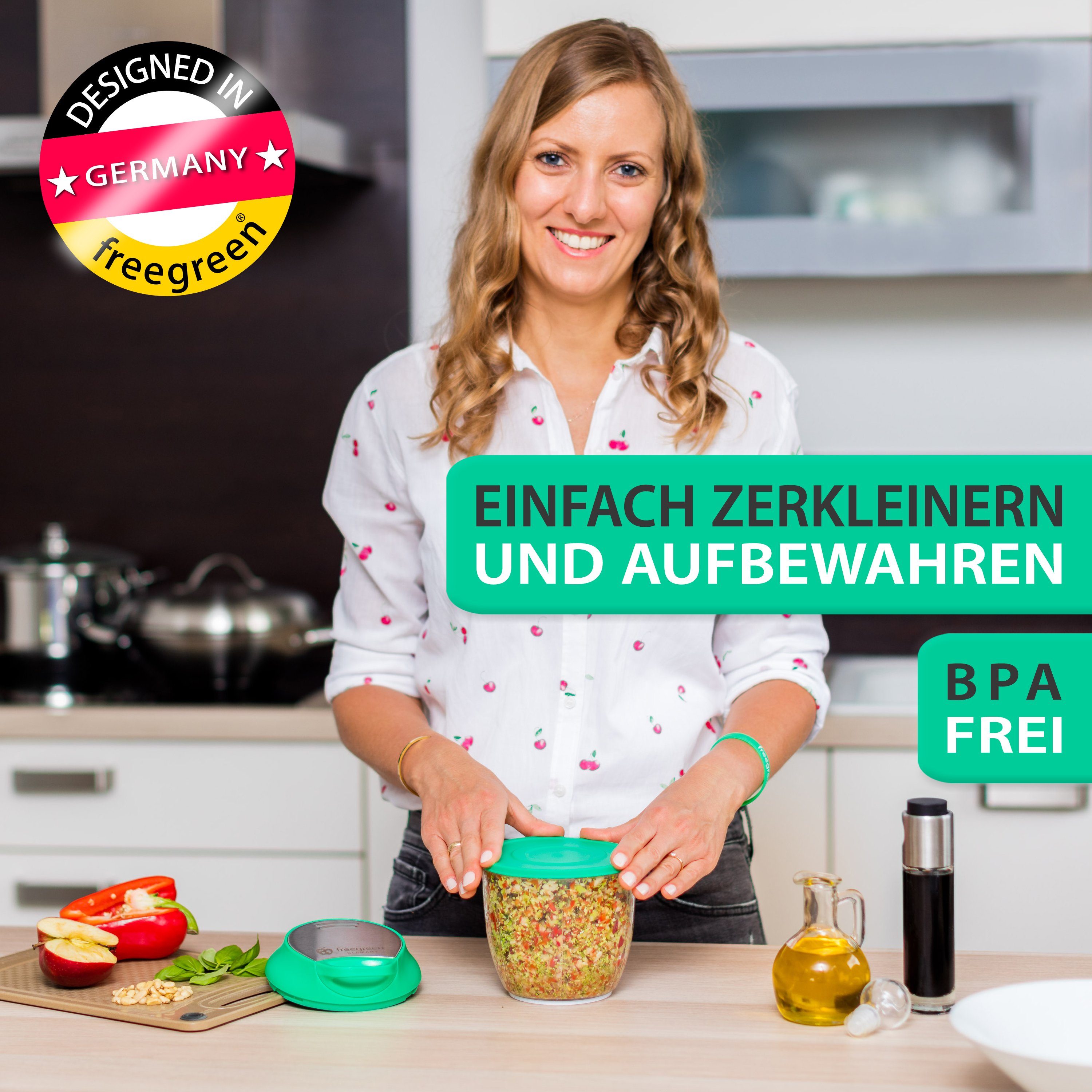 freegreen® Zwiebelhacker 940 ml, Multi-Zerkleinerer I Zwiebelschneider I Universalzerkleinerer, Edelstahl Gemüseschneider mit Mixer-Einsatz und Frischhaltedeckel