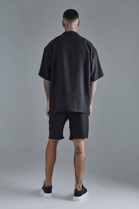Tall kurzärmliges Oversize Leinen-Hemd & Shorts in Schwarz