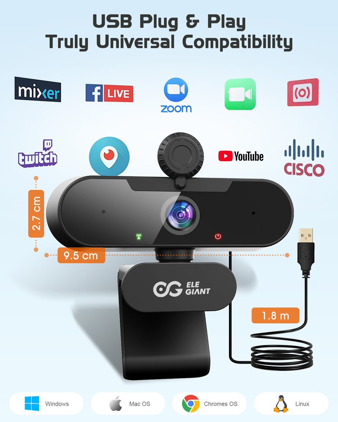 ELEGIANT EGC-C02 Full HD-Webcam (Full HD, besonders für Streaming, kristallklare Videotelefonate, scharfe Bilder)