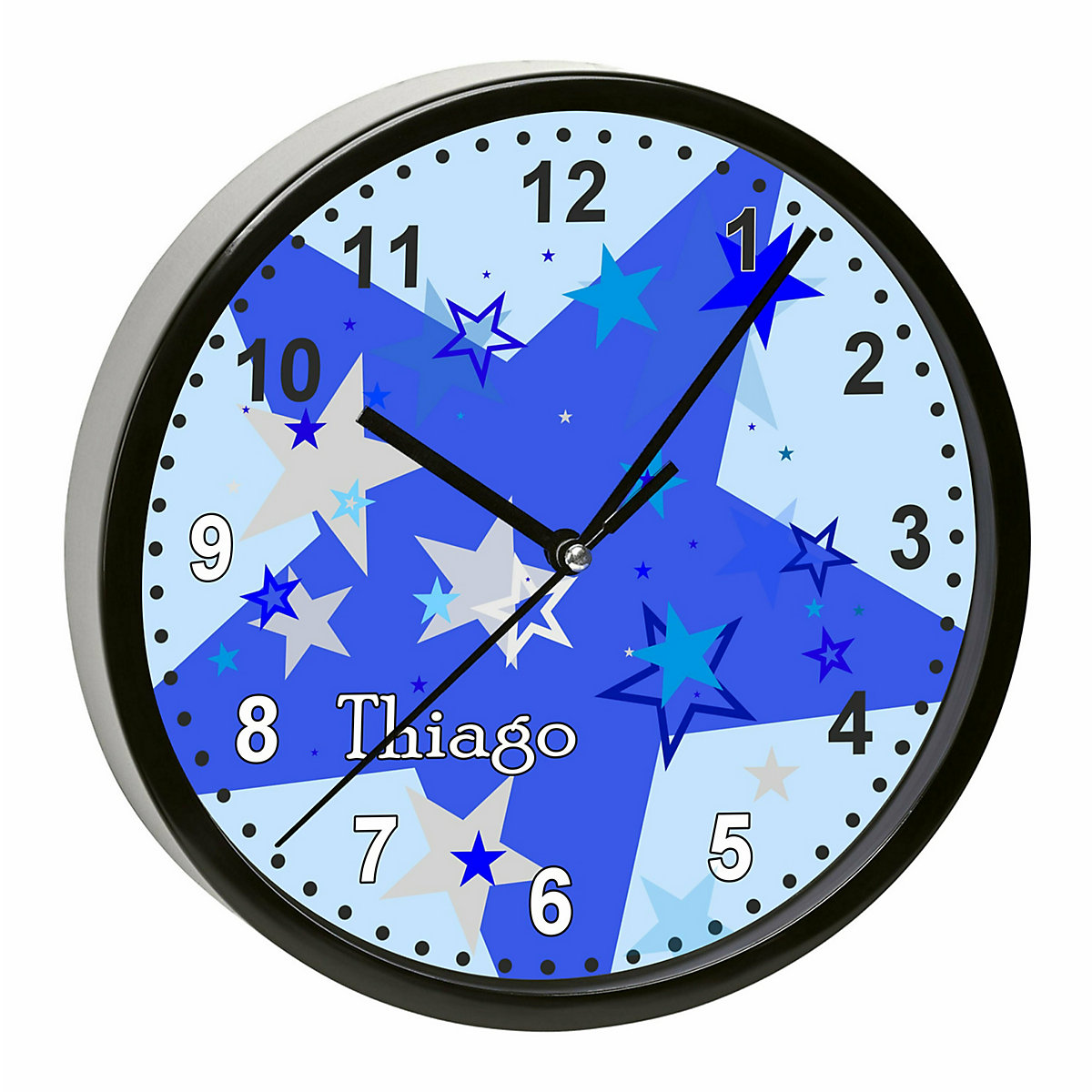 Kinder Wanduhr personalisiert mit Name Sternenhimmel Blau Grau