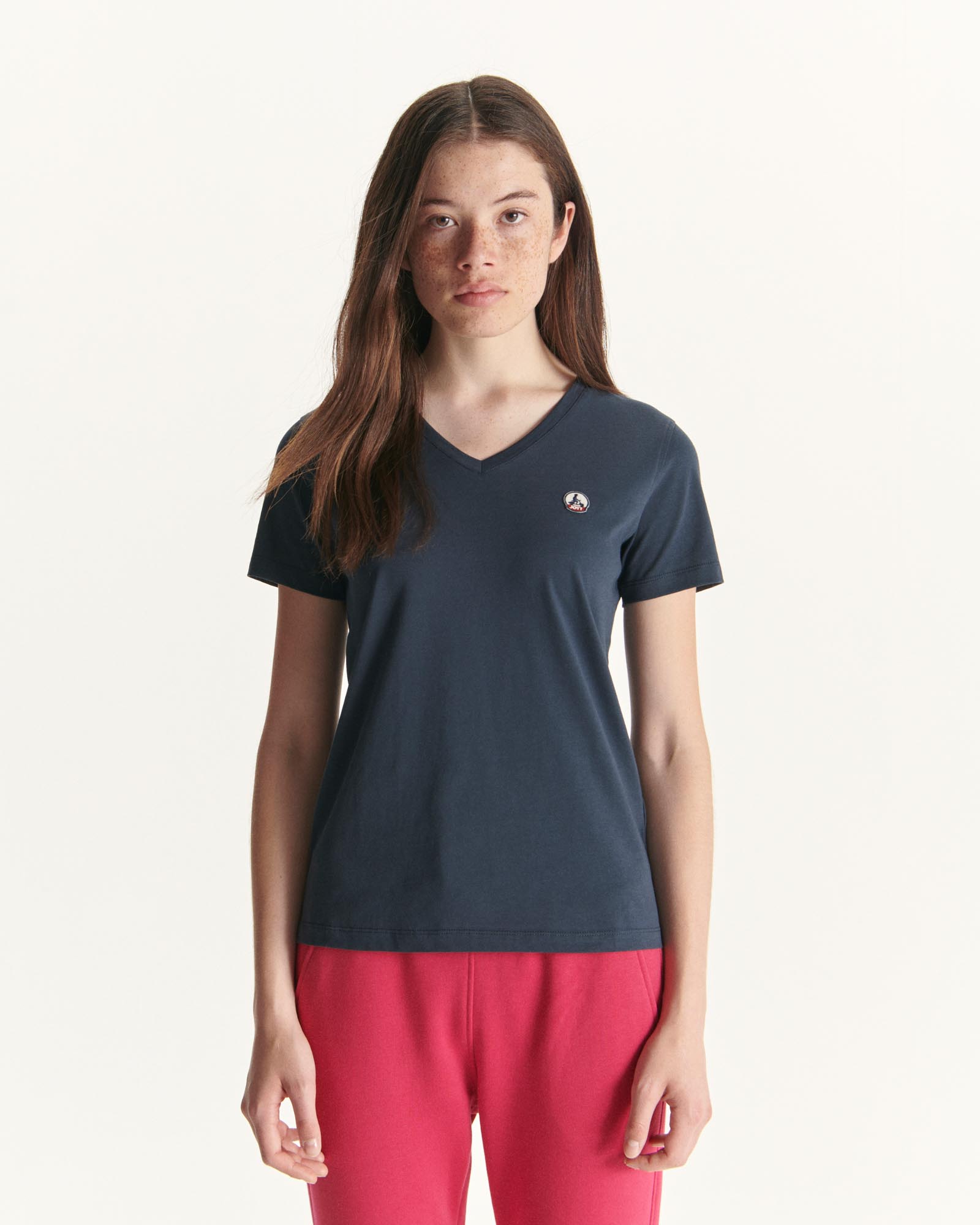 T-shirt uni col V femme en coton biologique Marine Cancun