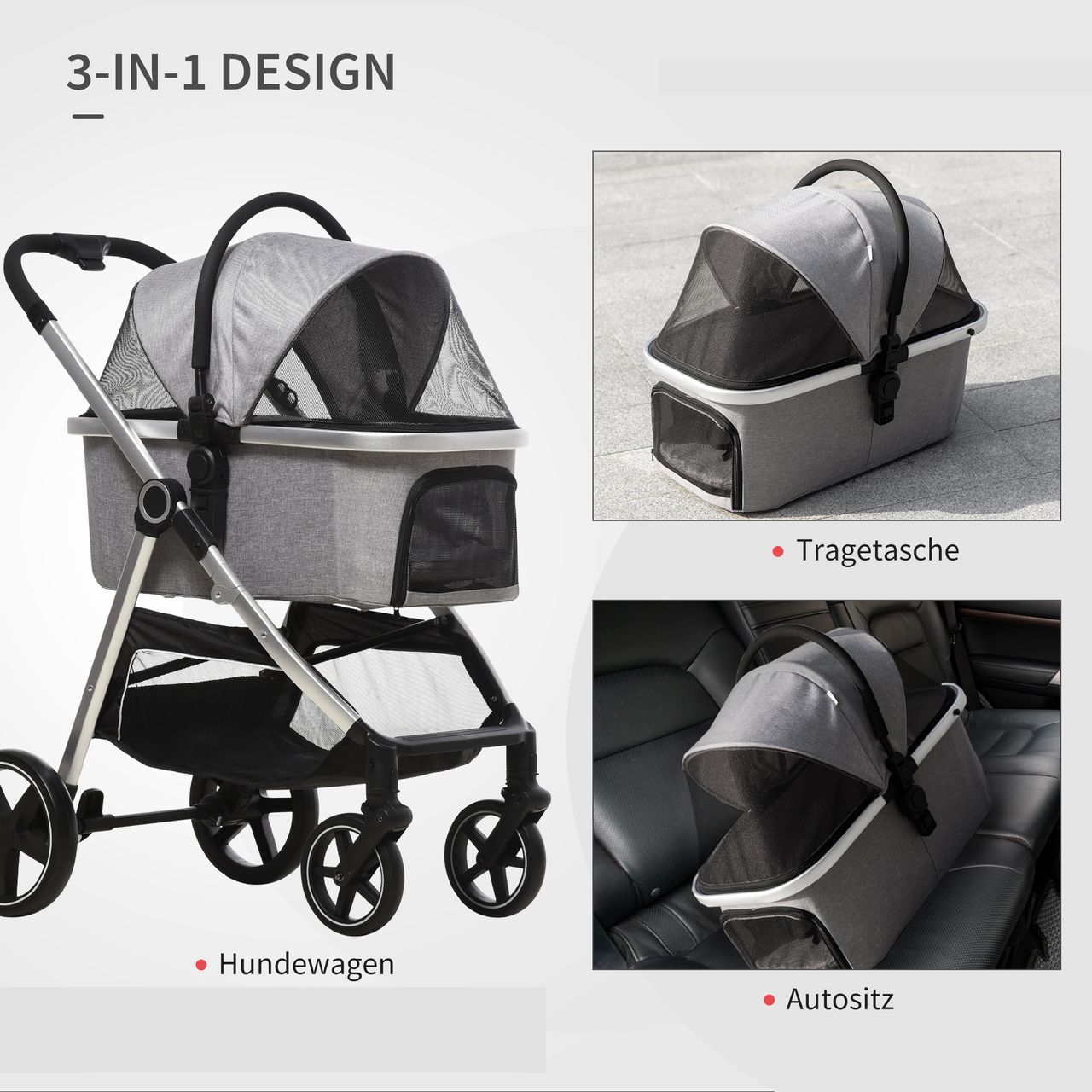 PawHut Hundewagen, 2 in 1 Hundetrolley, Tragetasche, faltbarer Hundebuggy, Grau