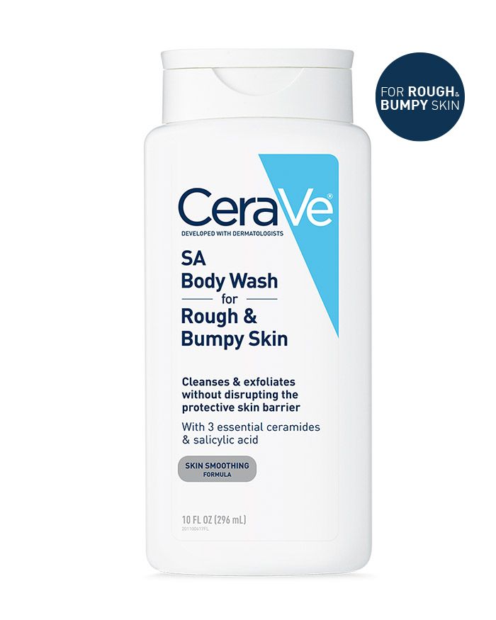 Gel douche à l'acide salicylique pour peaux rugueuses et granuleuses. Exfolie la peau.