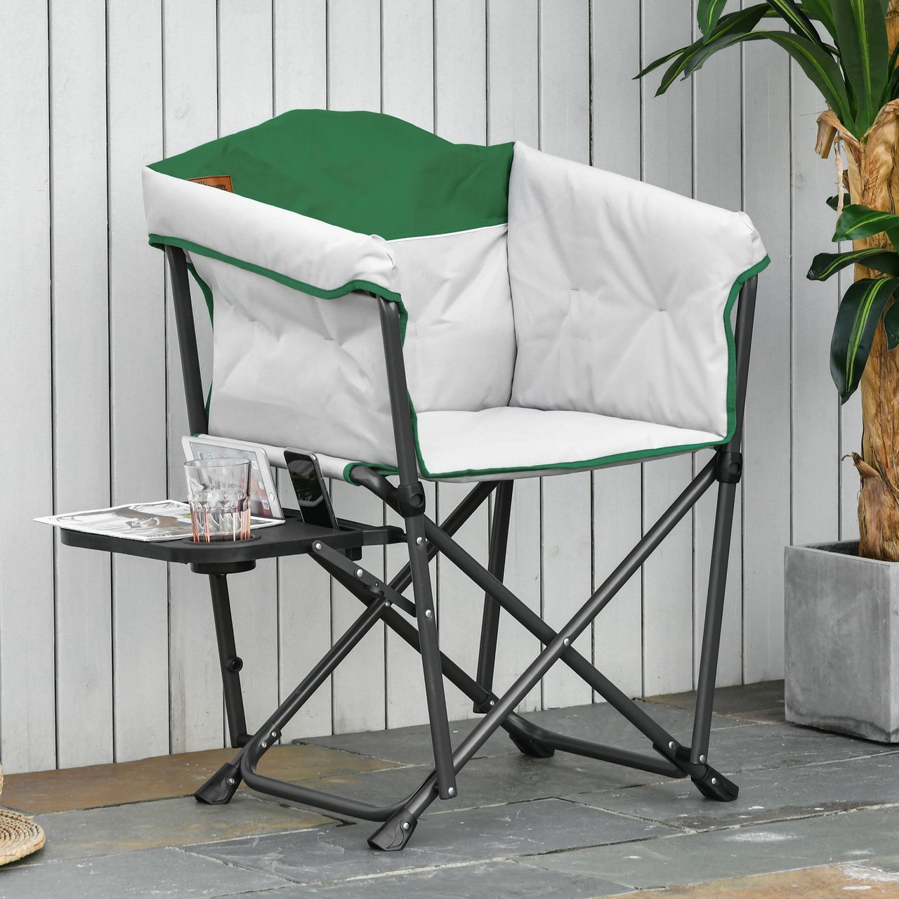 Outsunny Campingstuhl Klappstuhl Regiestuhl Tisch mit Getränkehalter Weiß Grün 83 x 64 x 90 cm