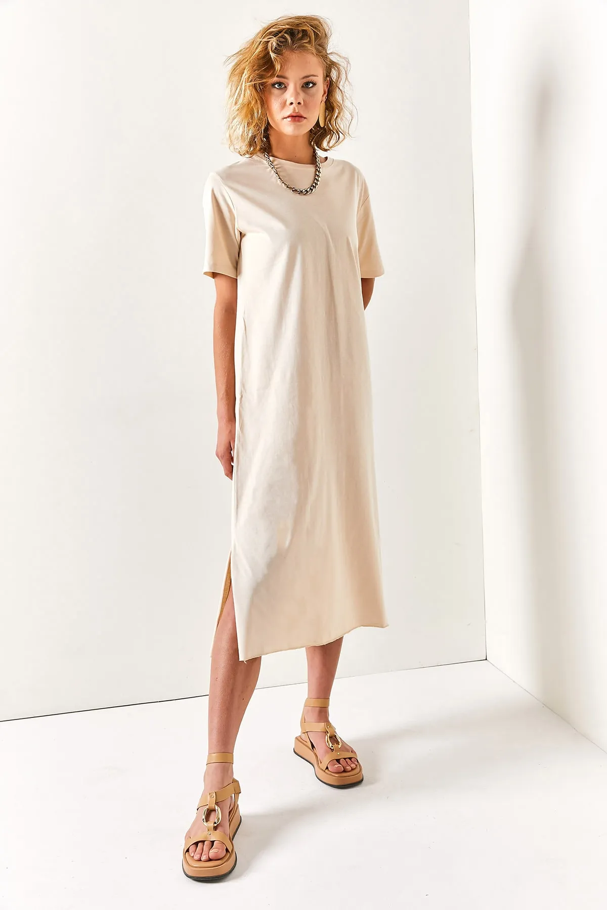 Olalook  Damen-Stone-Side-Slit-Oversize-Baumwollkleid ELB-19001880