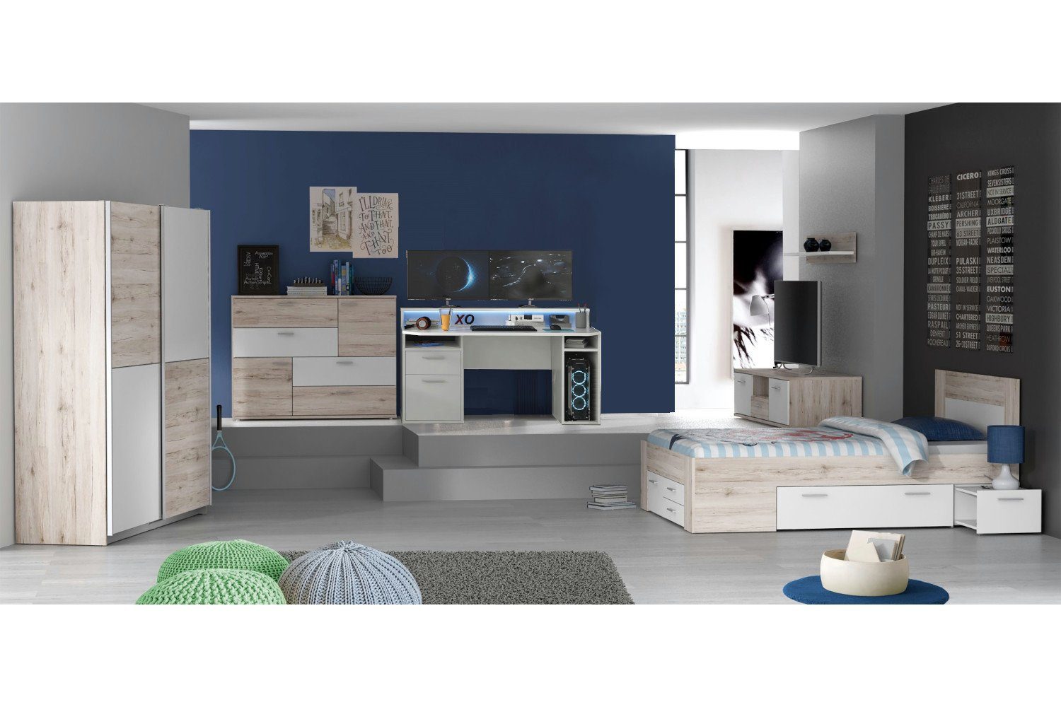 möbel-direkt.de Jugendzimmer-Set Steffie, (Komplett Set, 5-St., Schrank, Bett, Kommode, TV- Schrank, Gamer Tisch), großes Funktionsbett