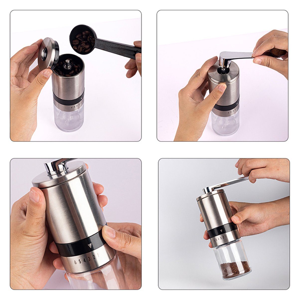 HYIEAR Kaffeemühle Manuelle, 6 Verstellbarer Mahlgrad, Edelstahl und Glas, Keramikmahlwerk, 15,00 g Bohnenbehälter, inkl. Siebträgeradapter und Reinigungspinsel