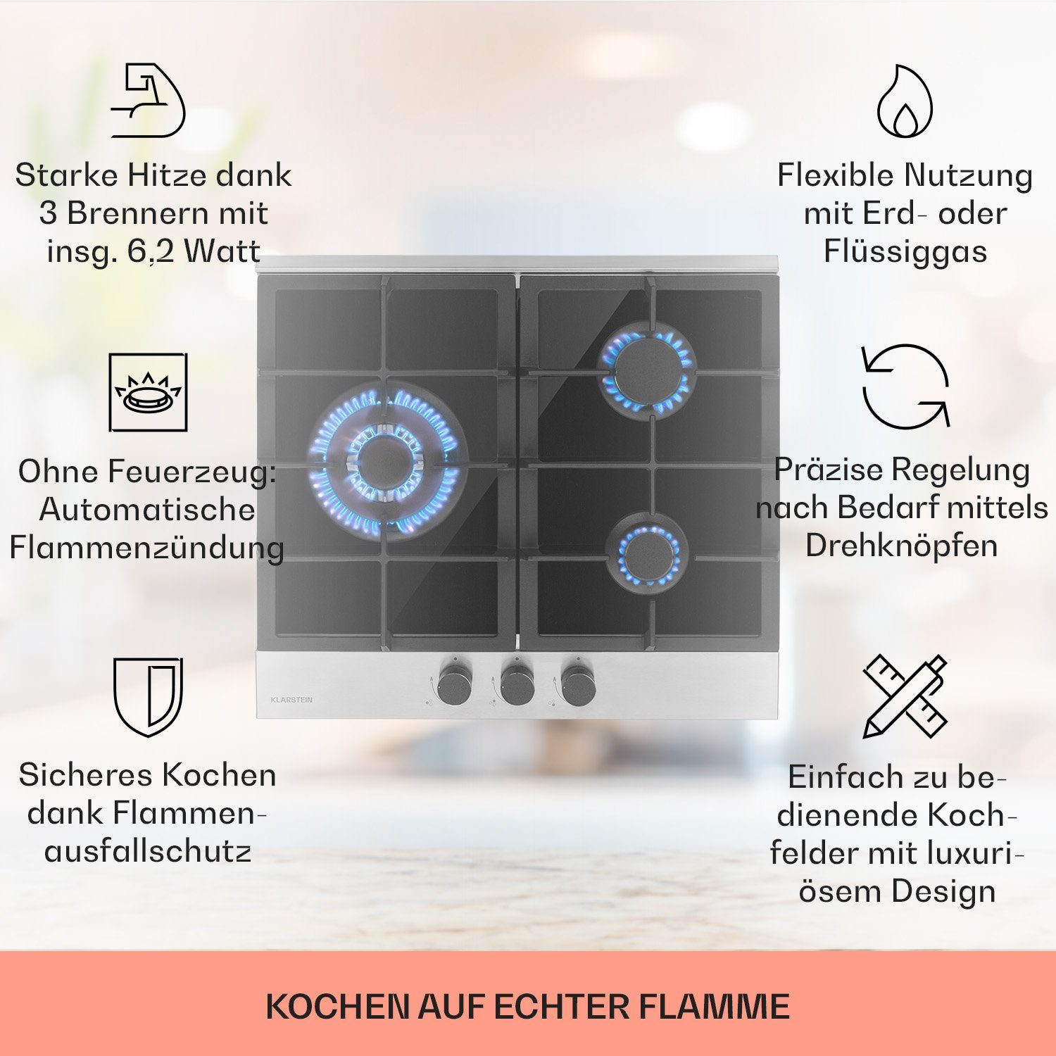 Klarstein Gas-Kochfeld Alchemist 3 Gaskochfeld 3-flammig Aluminium-Brenner Glaskeramik CP11-Alchemist-3, 3 flammen brenner Kochfelder Gaskochfelder