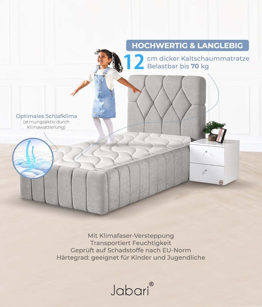 Kindermatratze SUSU, Jabari, 12 cm hoch, Babymatratze 60x120 cm für Babybett oder Wiege, Kindermatratze 60x120 Jugendmatratze, mit Hochwertige Qualität Bezug, Belastbar bis 70 kg, Optimales Schlafklima (atmungsaktiv durch Klimawatte)