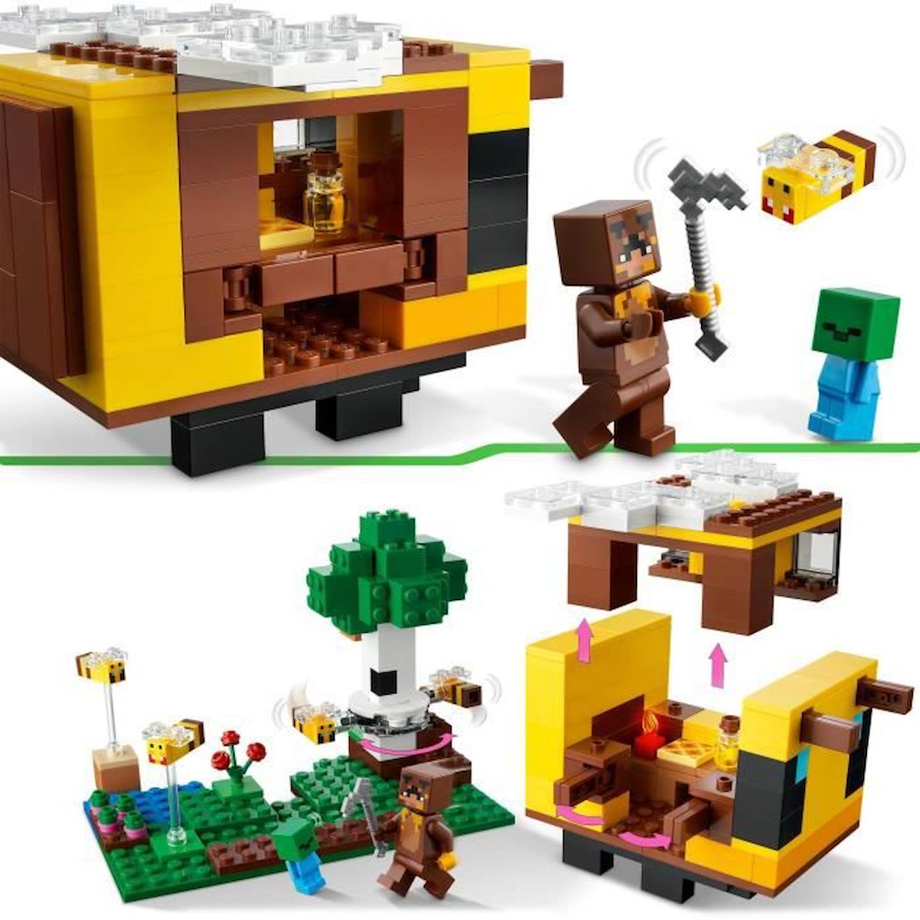 LEGO Minecraft 21241 La Cabane Abeille, Jouet, Ferme avec Maison, Zombie et Figurines Animaux blanc
