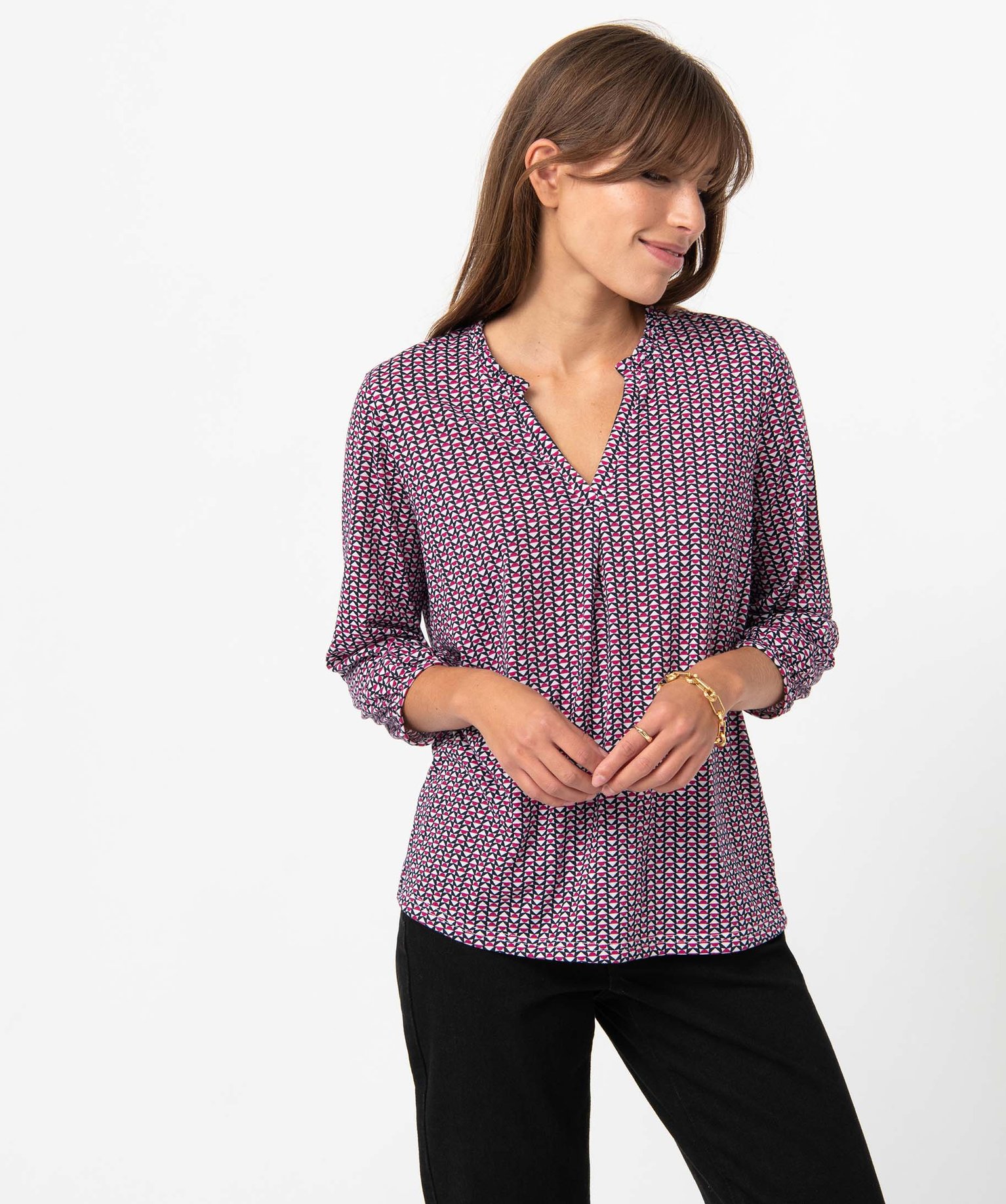 Tee-shirt femme à manches 3/4 avec décolleté en V imprime | GEMO