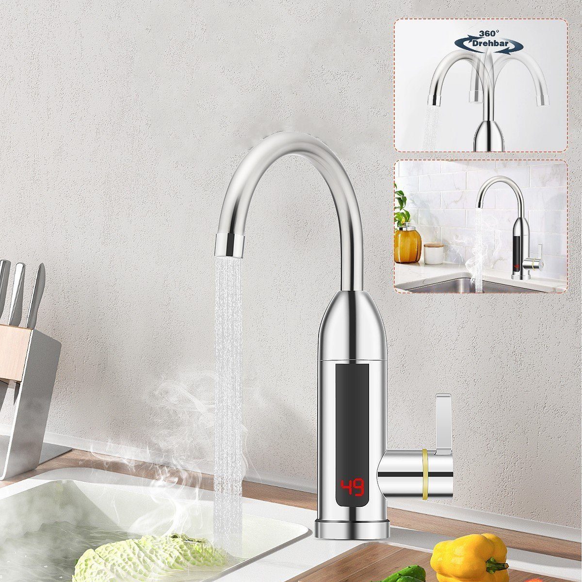 OULENBIYAR Klein-Durchlauferhitzer 3000w Elektrischer Wasserhahn Durchlauferhitzer, LED Temperaturanzeige, 360° drehbarer Küchenhahn, liefert heißes Wasser von 30-60 ℃, IPX4