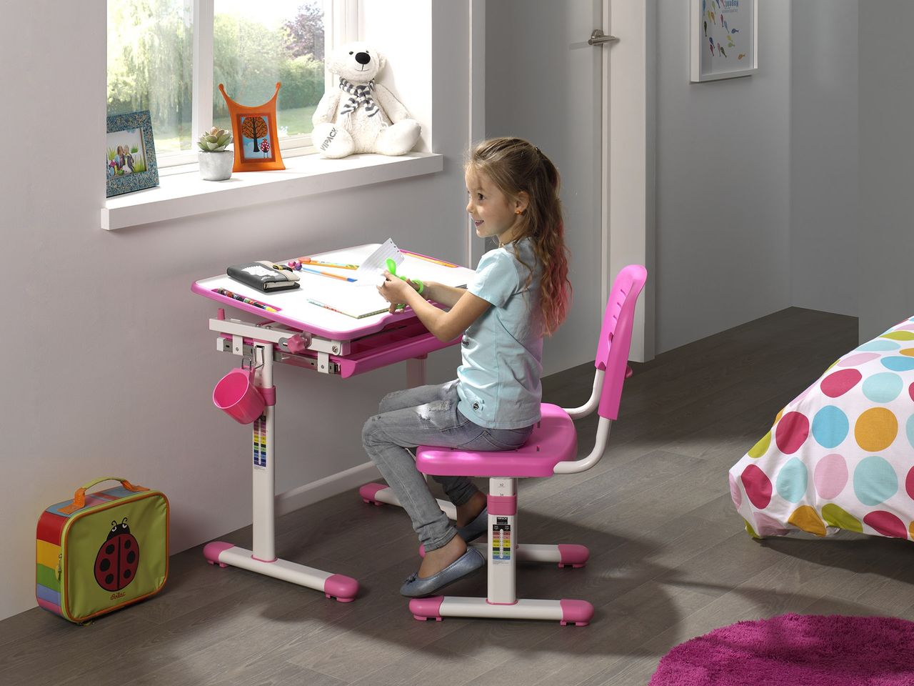 VIPACK COMFORTLINE höhenverstellbarer Schreibtisch inkl. Schreibtischstuhl 201 ROSA